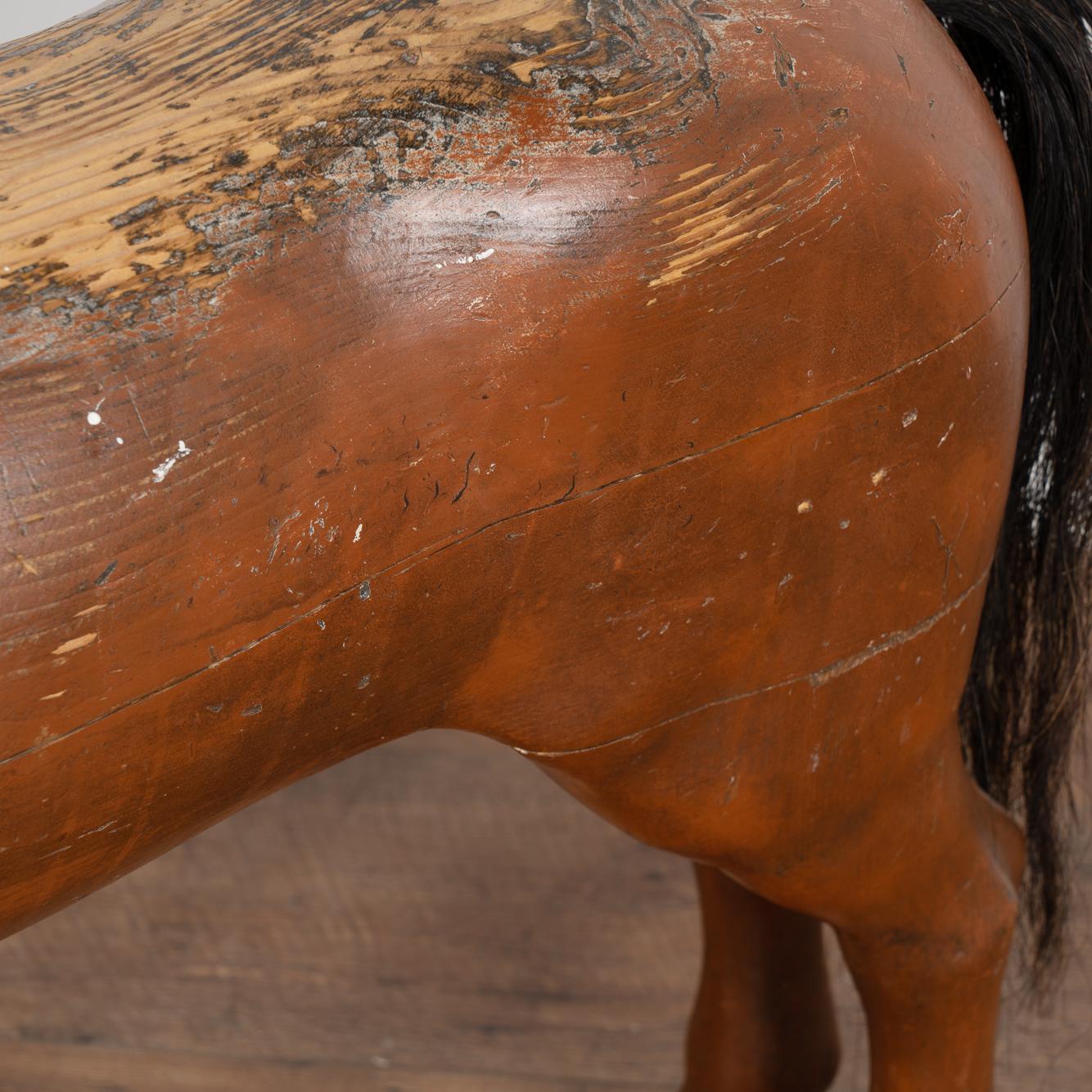 Leather Vintage Hand Carved Brown Painted Wood Horse Sculpture, Sweden circa 1940 For Sale