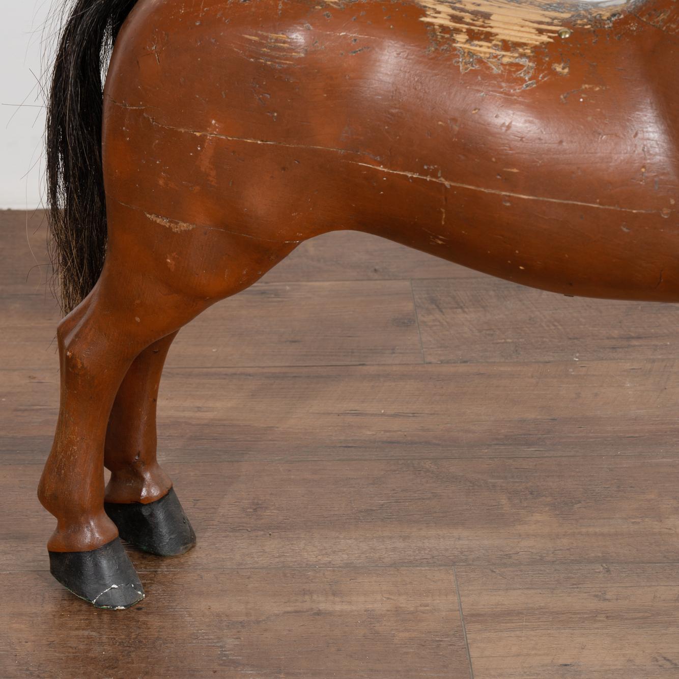 Vintage Hand Carved Brown Painted Wood Horse Sculpture, Sweden circa 1940 For Sale 1