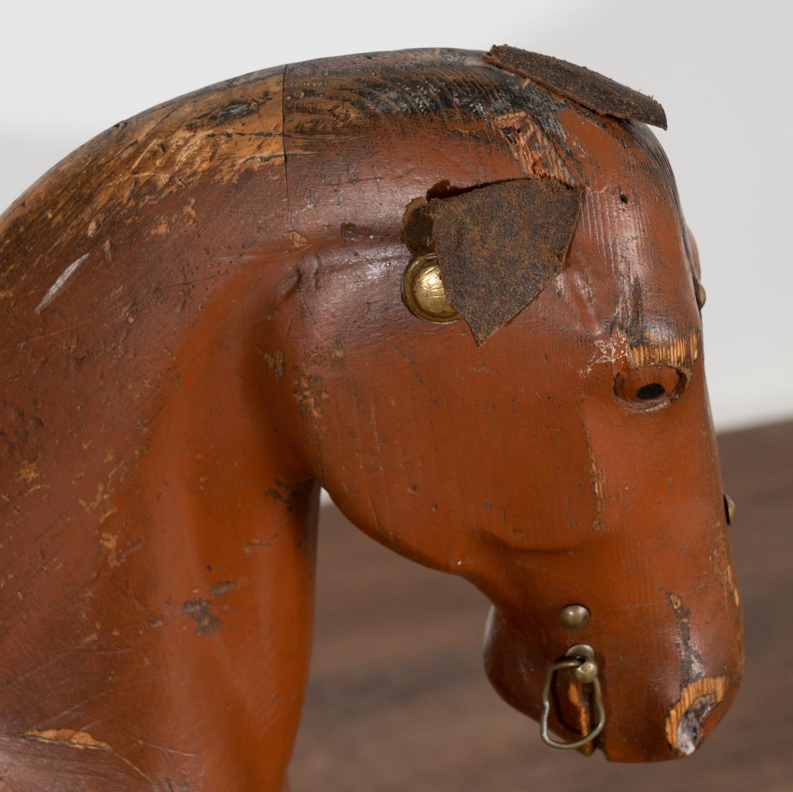 Vintage Hand Carved Brown Painted Wood Horse Sculpture, Sweden circa 1940 For Sale 2