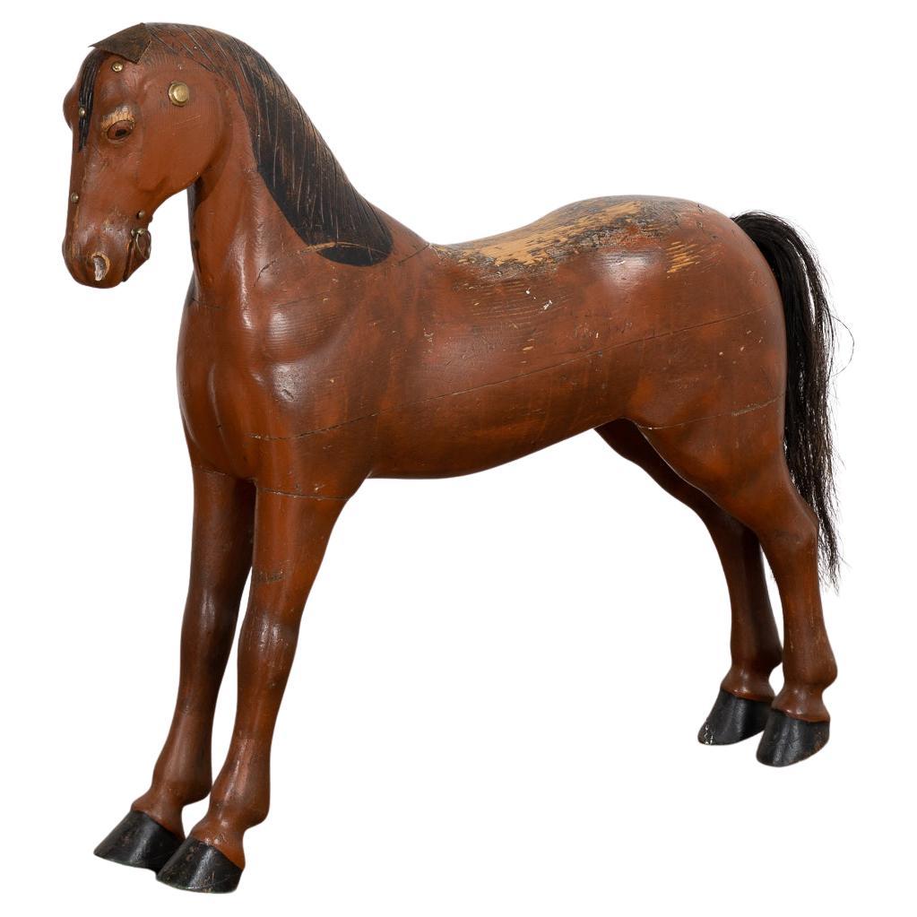 Vintage Hand Carved Brown Painted Wood Horse Sculpture, Sweden circa 1940 For Sale