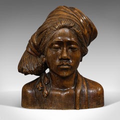 Vintage Hand Carved Bust, Oriental, Chinese Elm, Art Deco, Portrait, circa 1940