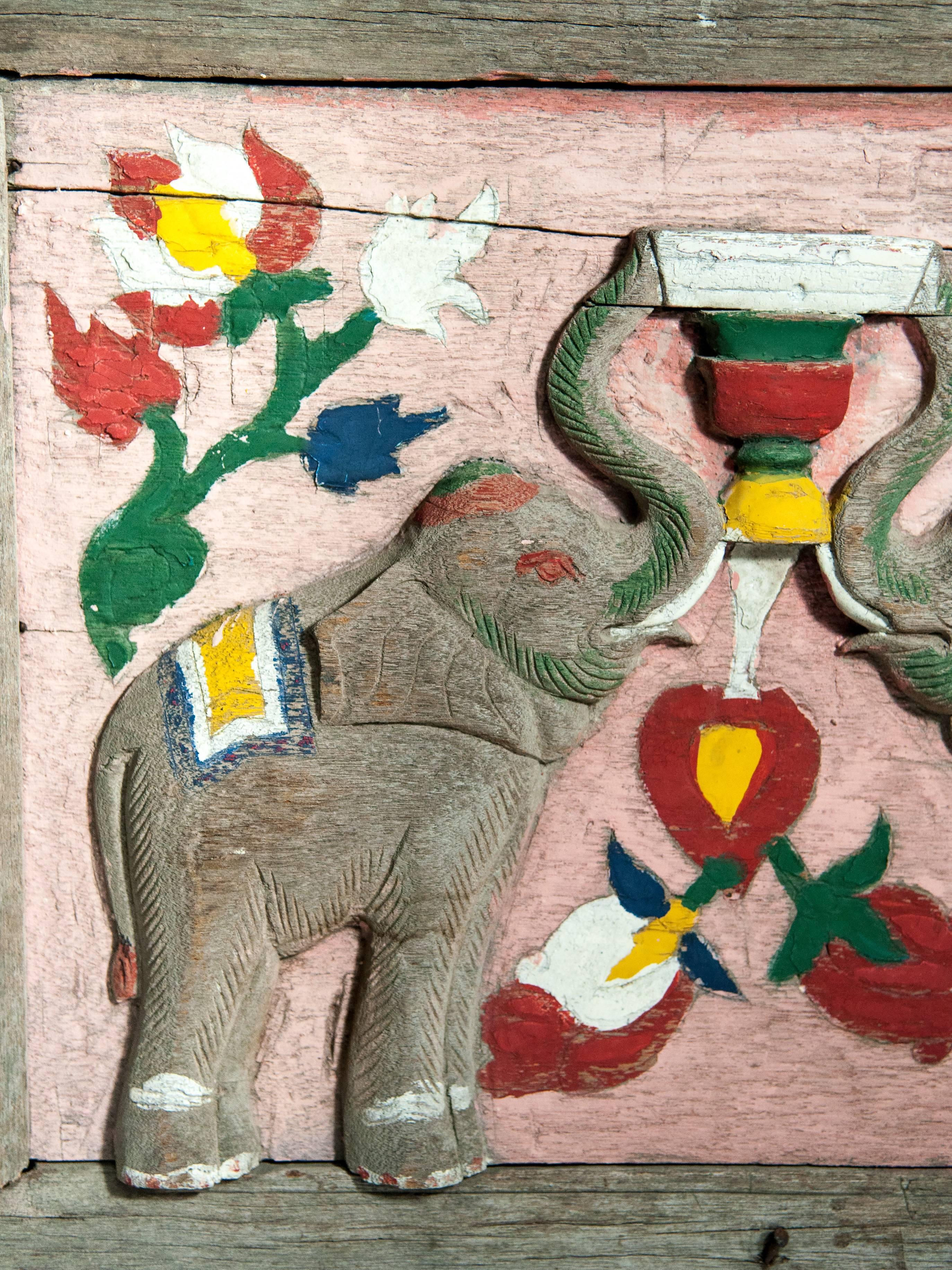 Paint Vintage Hand-Carved Cart Panel, Elephant Motif, Mid-20th Century, North Thailand