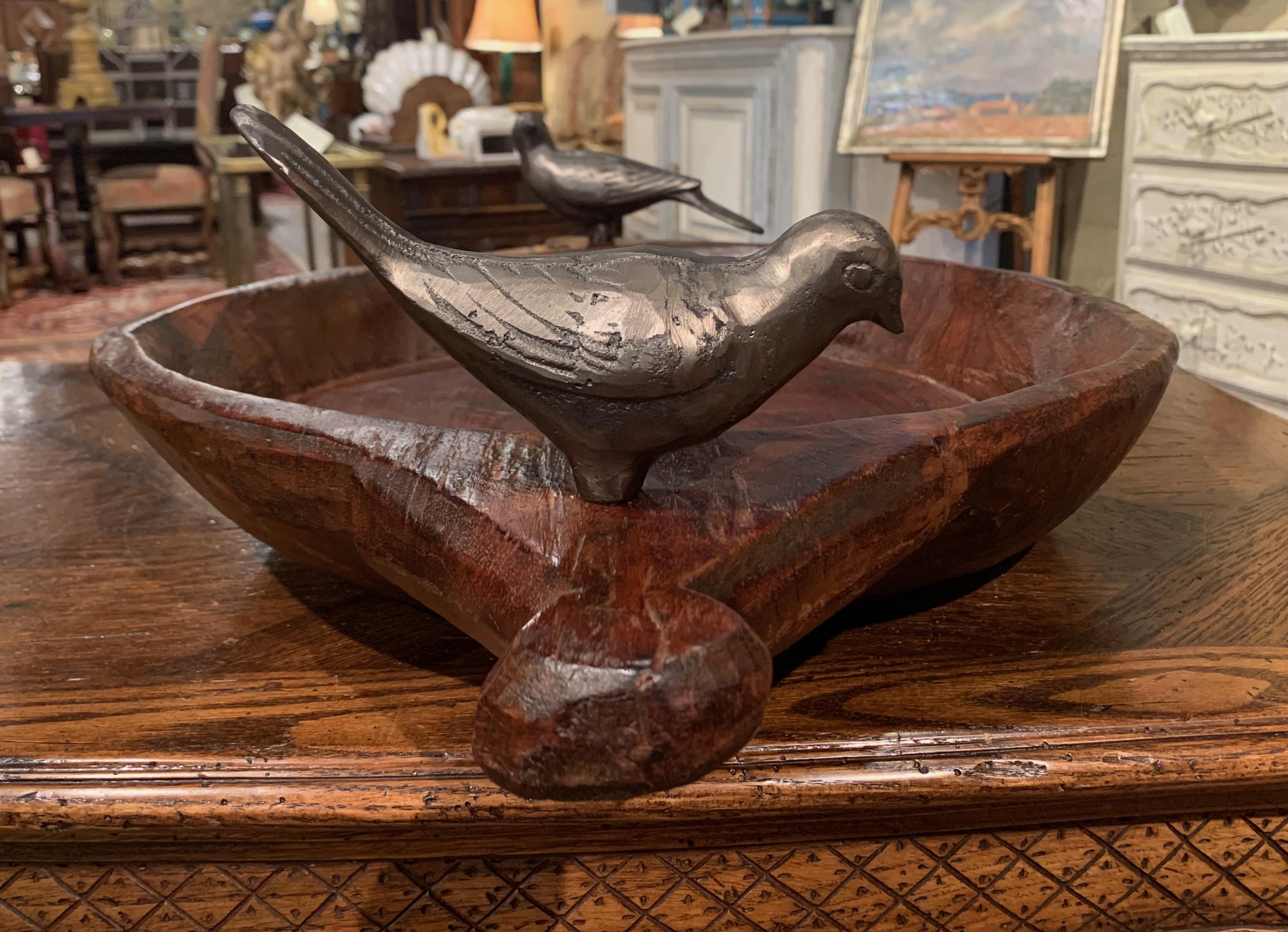 Rustic Vintage Hand Carved Chestnut Decorative Bowl with Handles and Iron Bird Decor