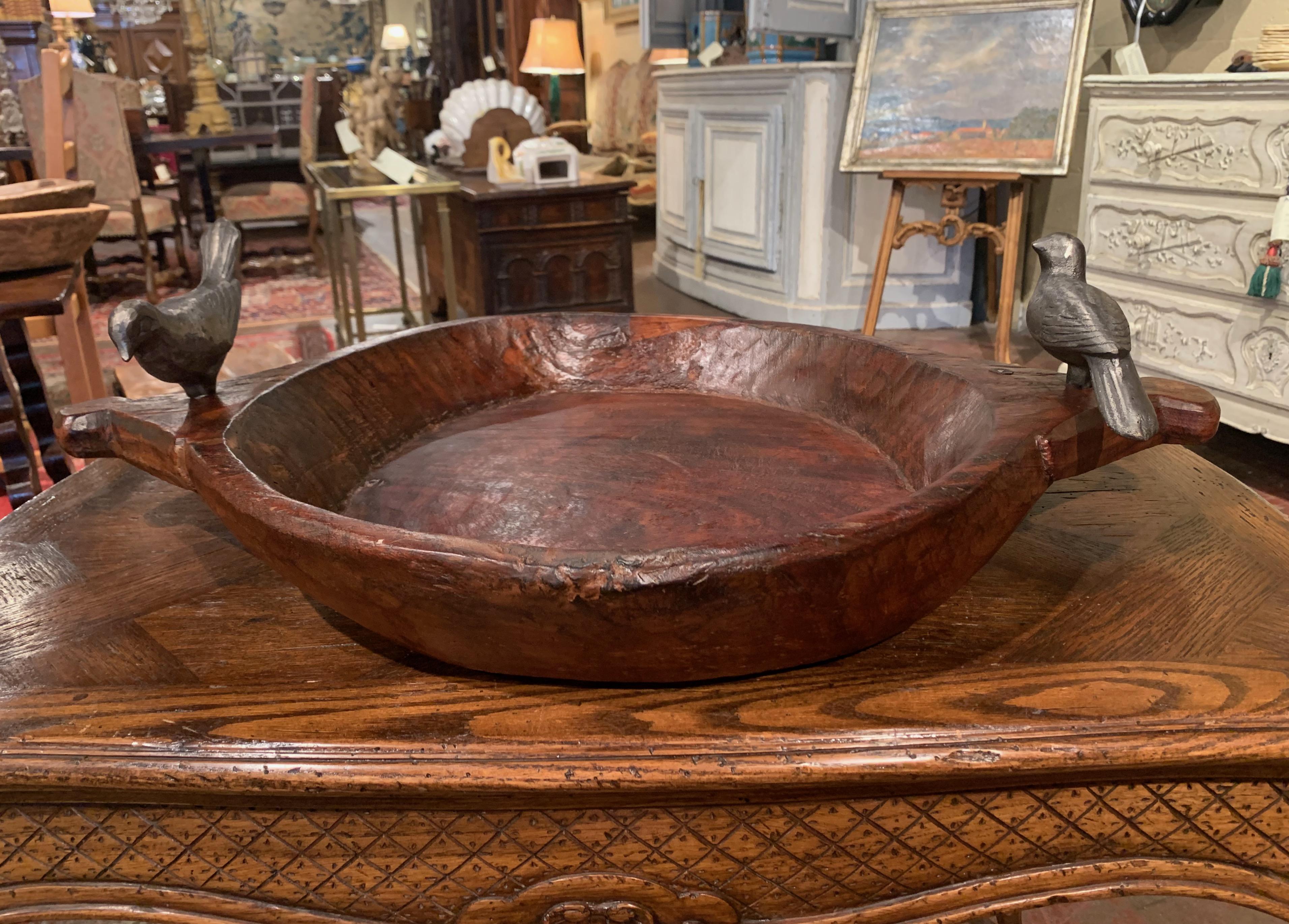 American Vintage Hand Carved Chestnut Decorative Bowl with Handles and Iron Bird Decor