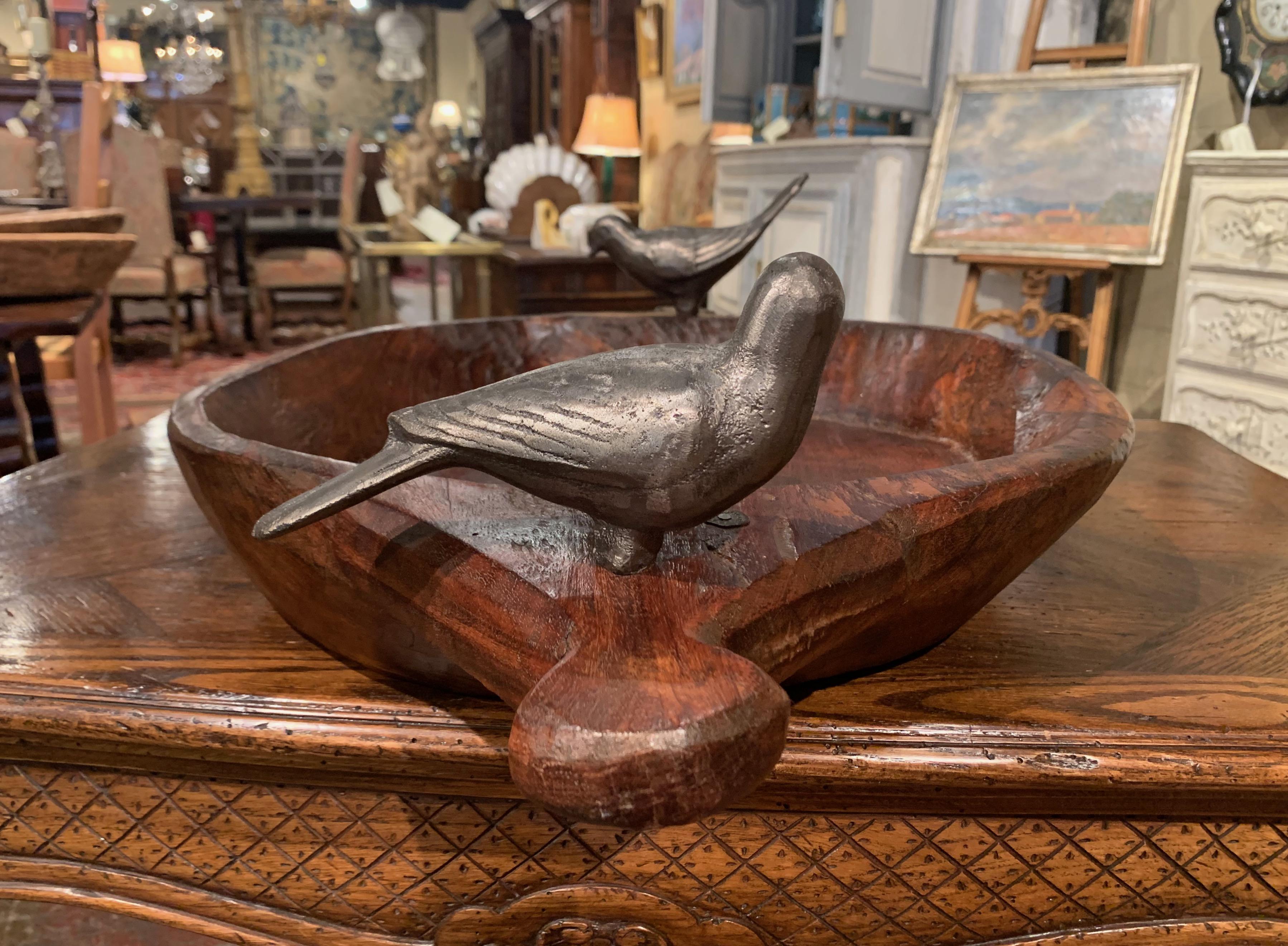 Vintage Hand Carved Chestnut Decorative Bowl with Handles and Iron Bird Decor In Excellent Condition In Dallas, TX