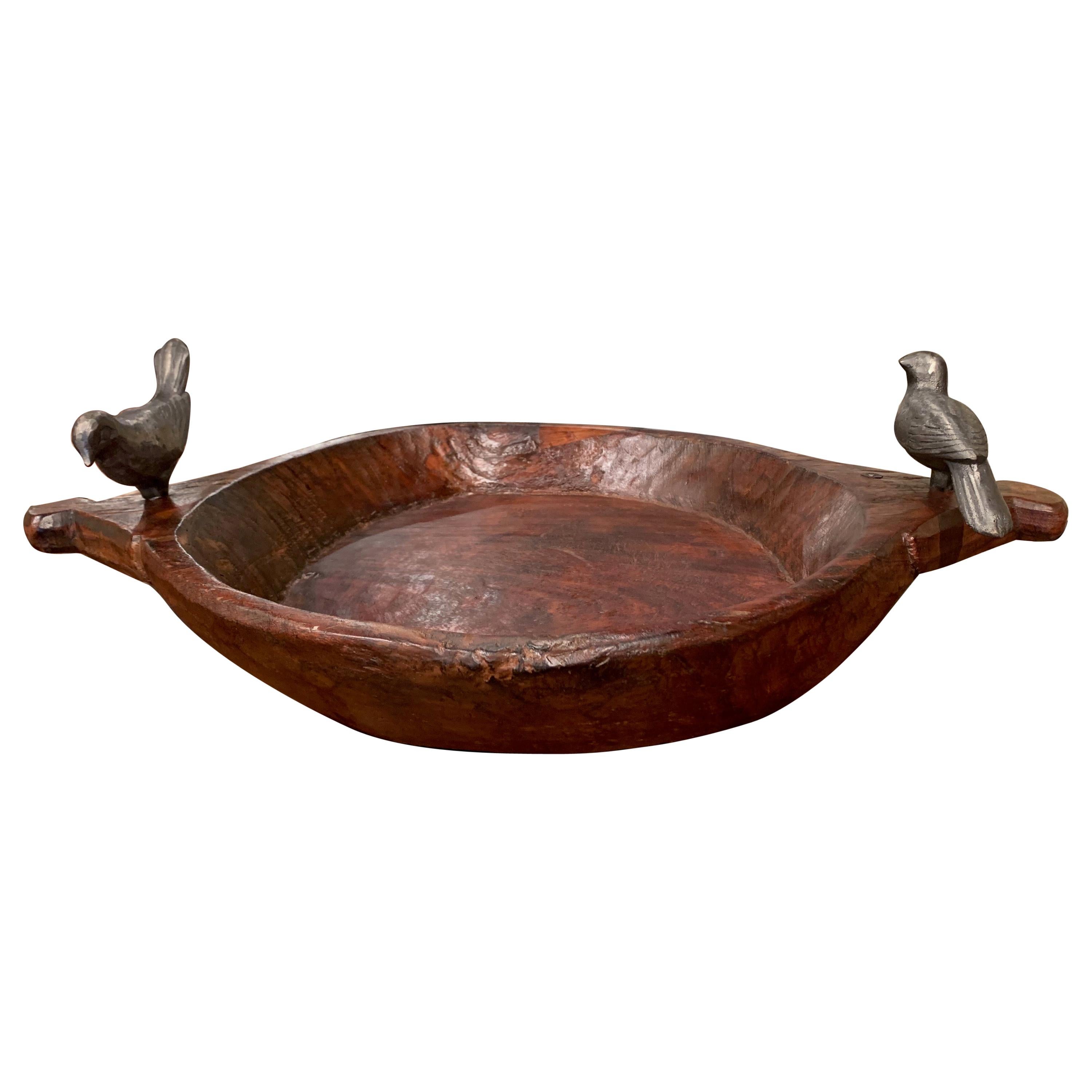 Vintage Hand Carved Chestnut Decorative Bowl with Handles and Iron Bird Decor