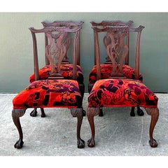 Vintage Hand Carved Chippendale Dining Chairs Yves St Laurent - Set of 4