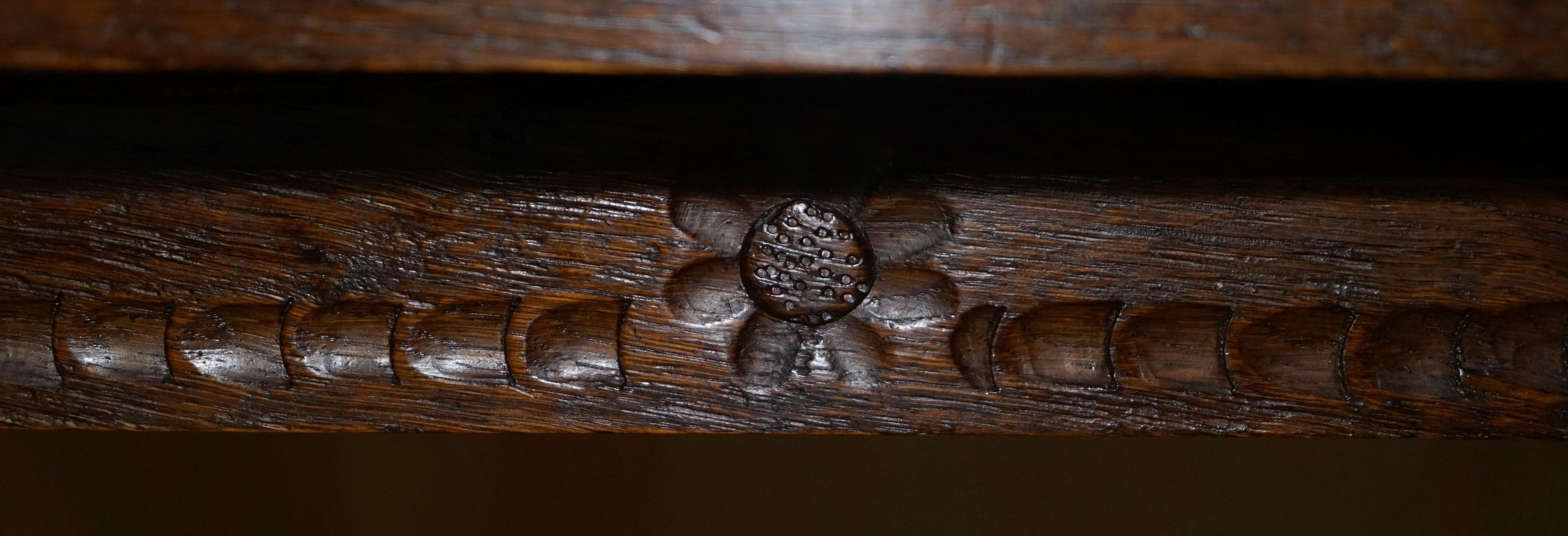 Vintage Hand Carved, circa 1950s Trestle Dining Table English Oak Jacobean Style For Sale 7