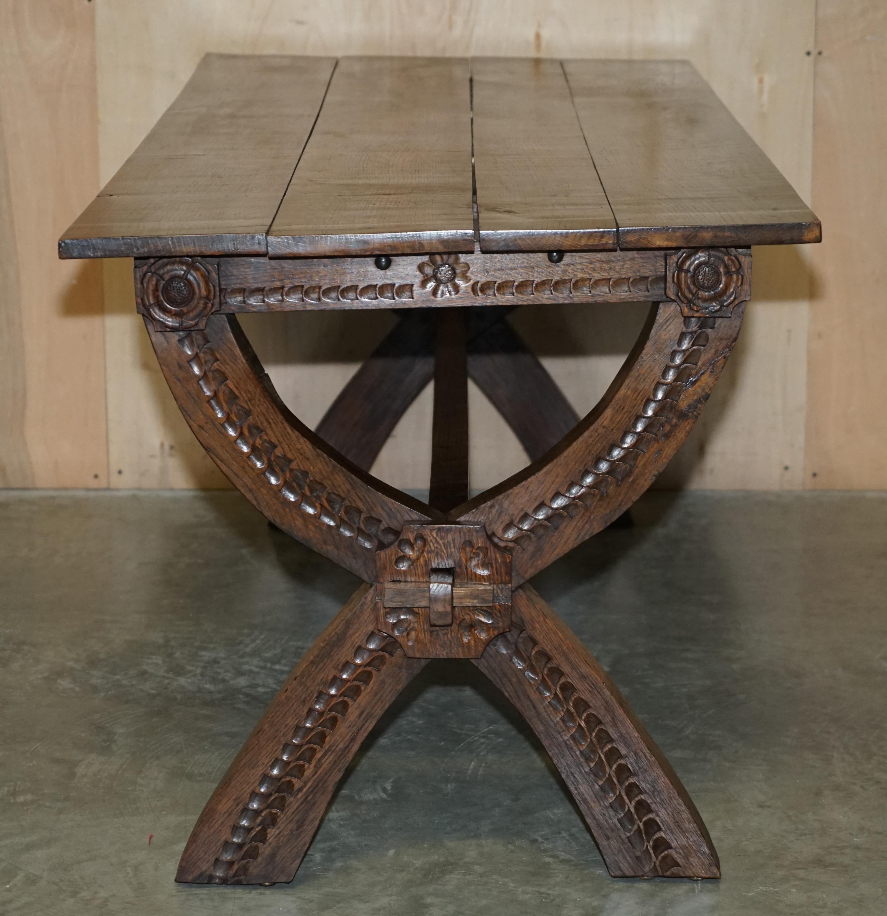 Vintage Hand Carved, circa 1950s Trestle Dining Table English Oak Jacobean Style For Sale 12