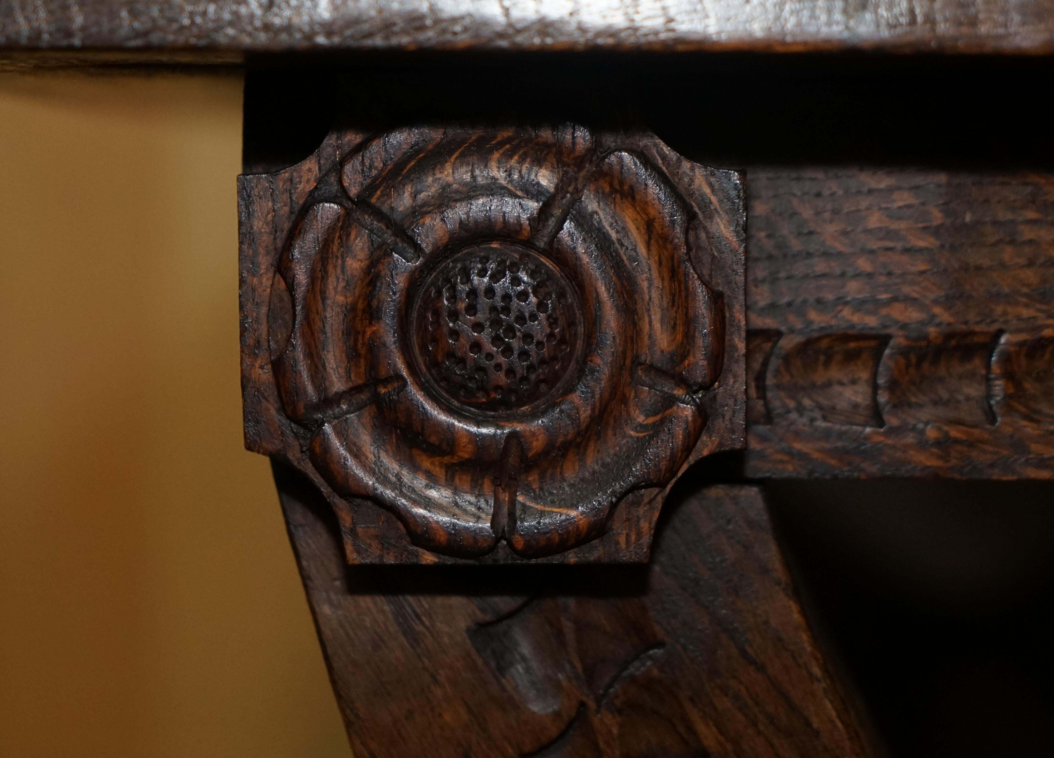 Vintage Hand Carved, circa 1950s Trestle Dining Table English Oak Jacobean Style For Sale 13