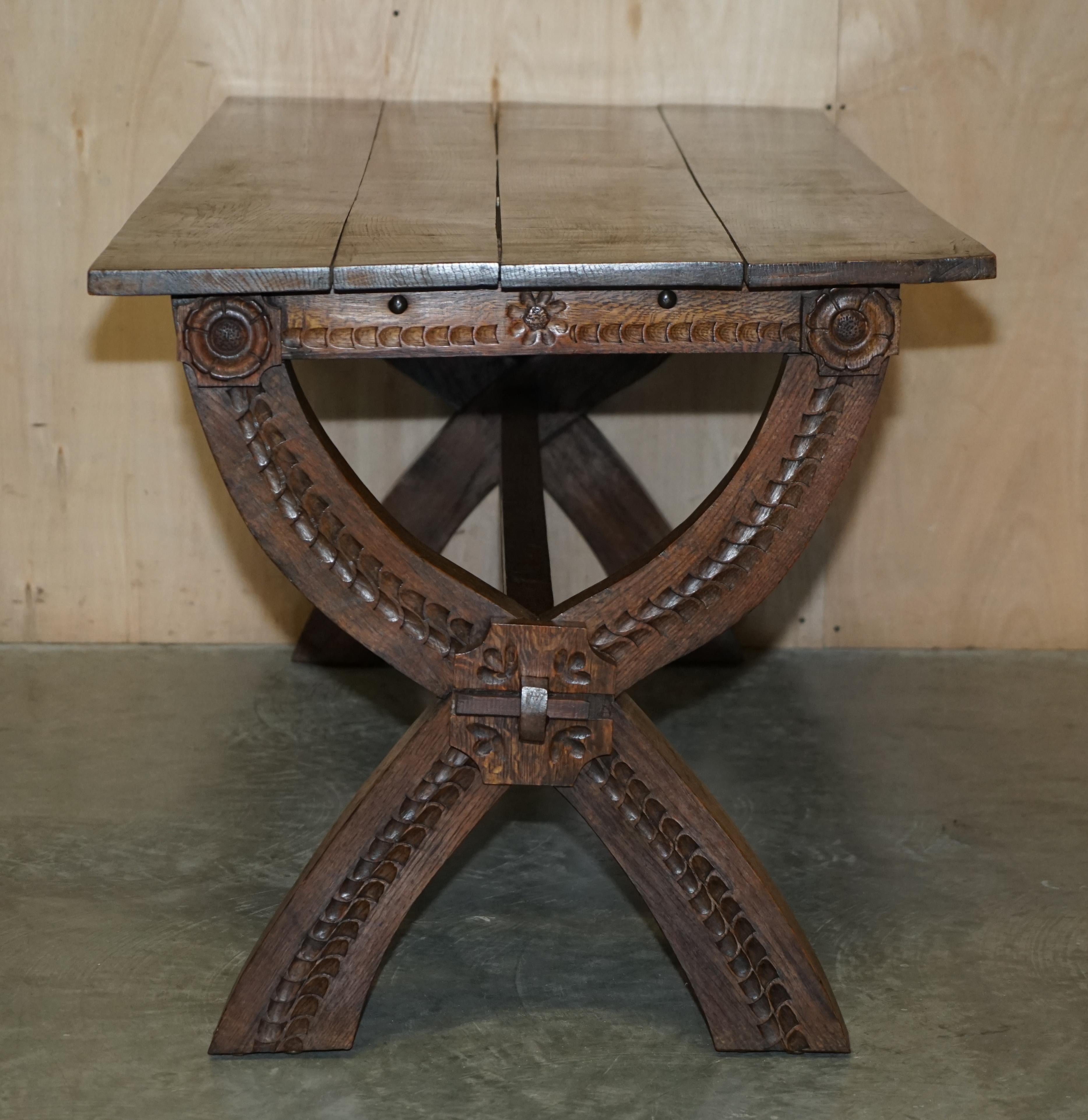Vintage Hand Carved, circa 1950s Trestle Dining Table English Oak Jacobean Style For Sale 15