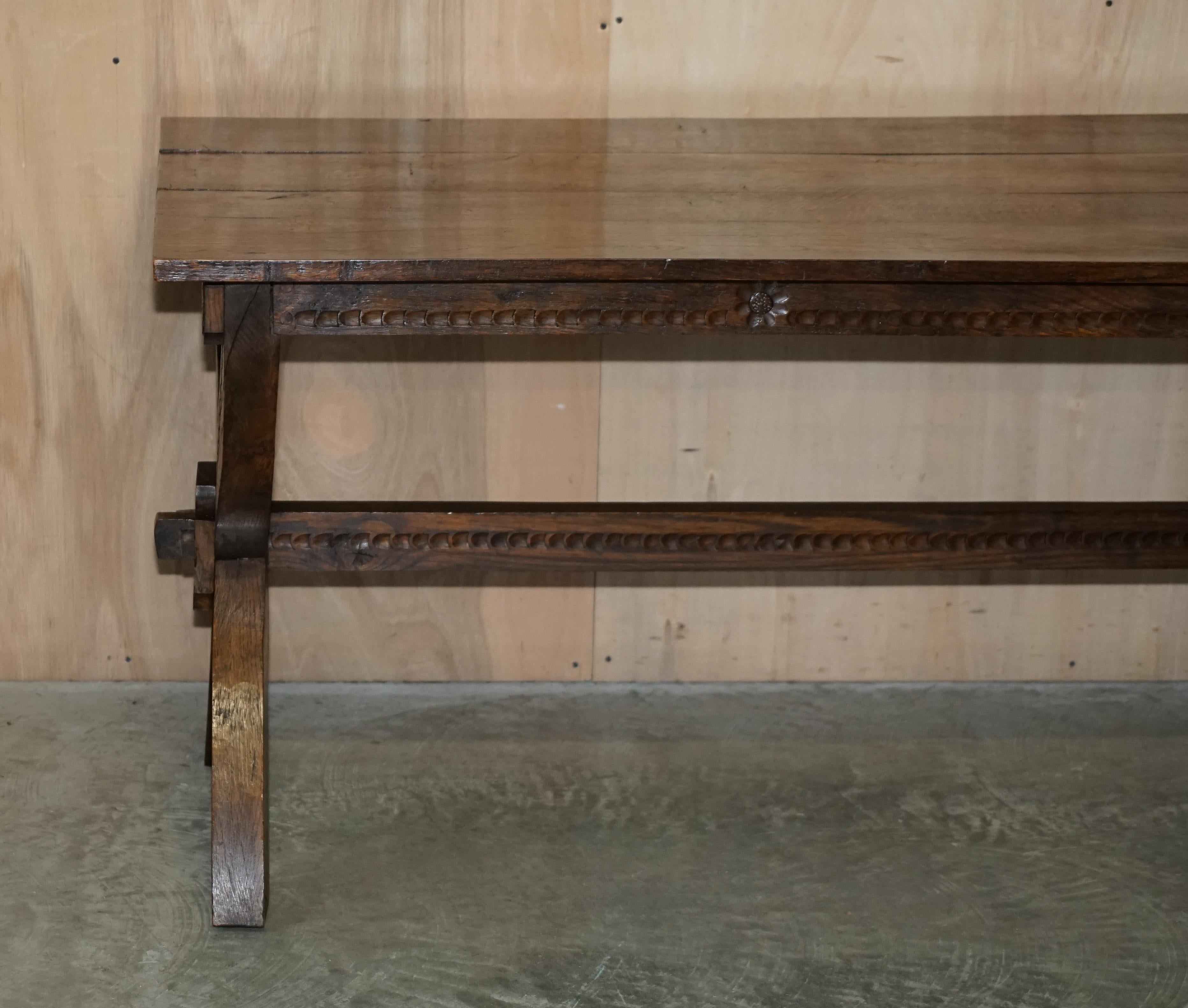 Hand-Crafted Vintage Hand Carved, circa 1950s Trestle Dining Table English Oak Jacobean Style For Sale