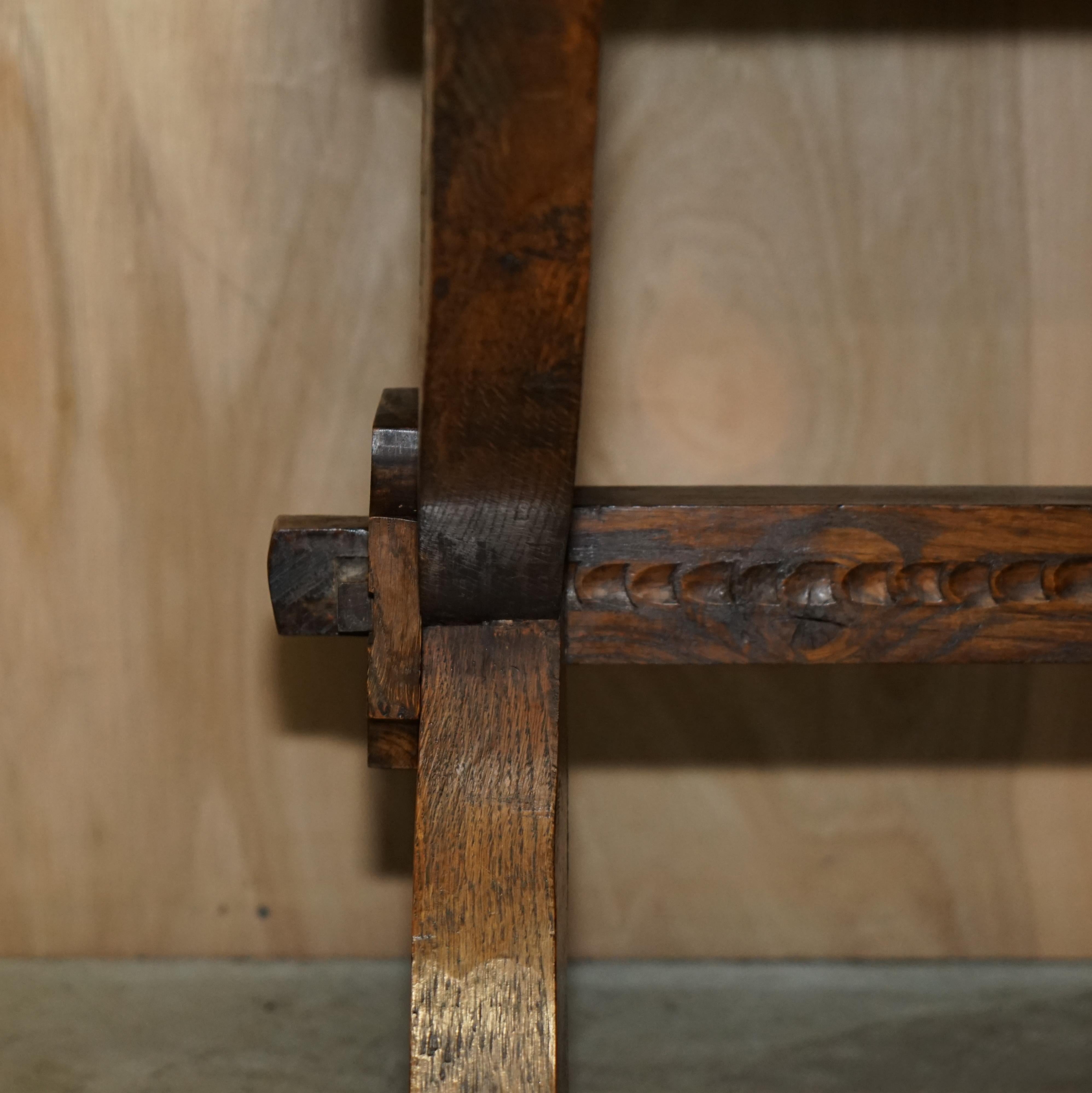 Vintage Hand Carved, circa 1950s Trestle Dining Table English Oak Jacobean Style For Sale 1