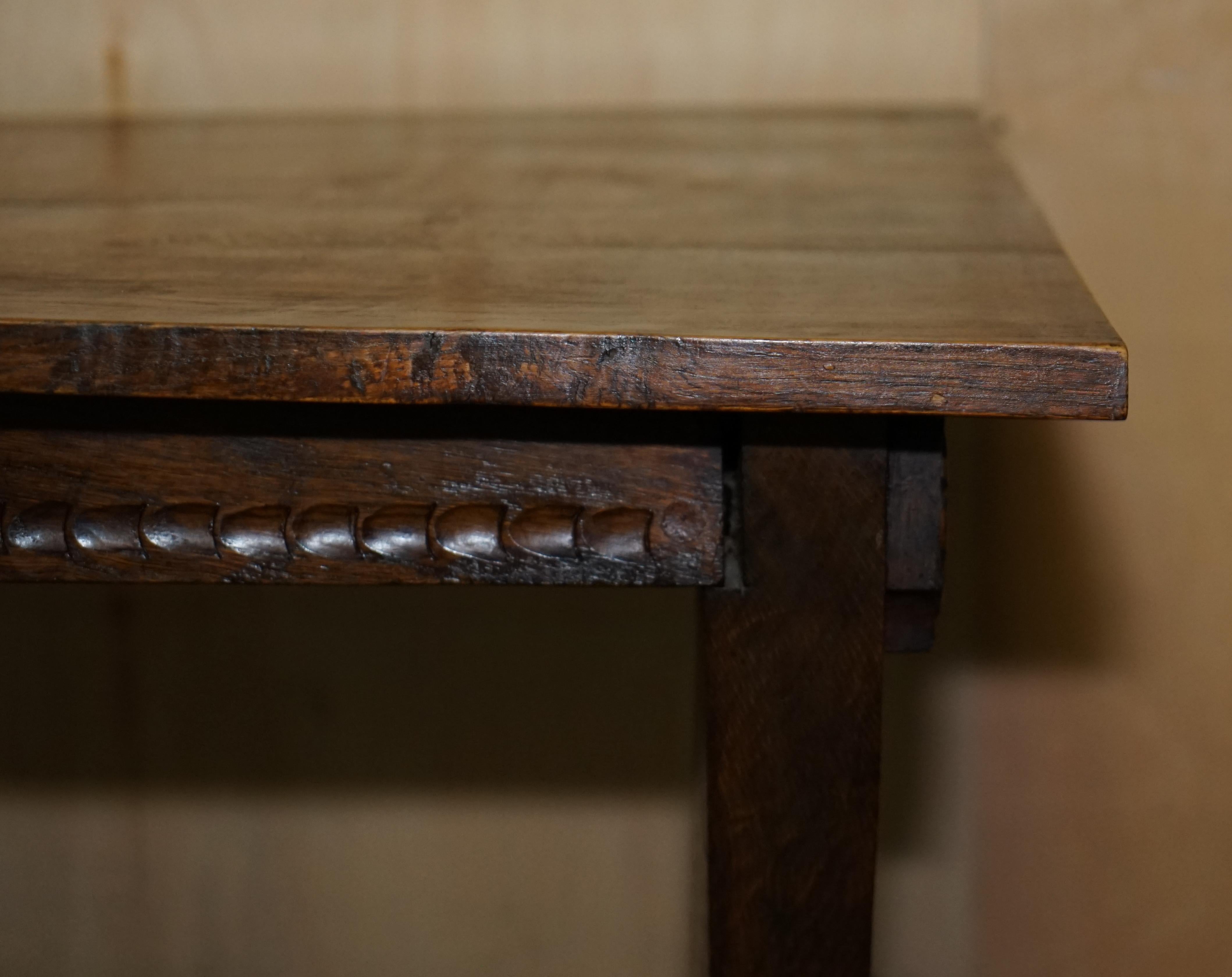 Vintage Hand Carved, circa 1950s Trestle Dining Table English Oak Jacobean Style For Sale 4