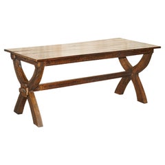 Vintage Hand Carved, circa 1950s Trestle Dining Table English Oak Jacobean Style