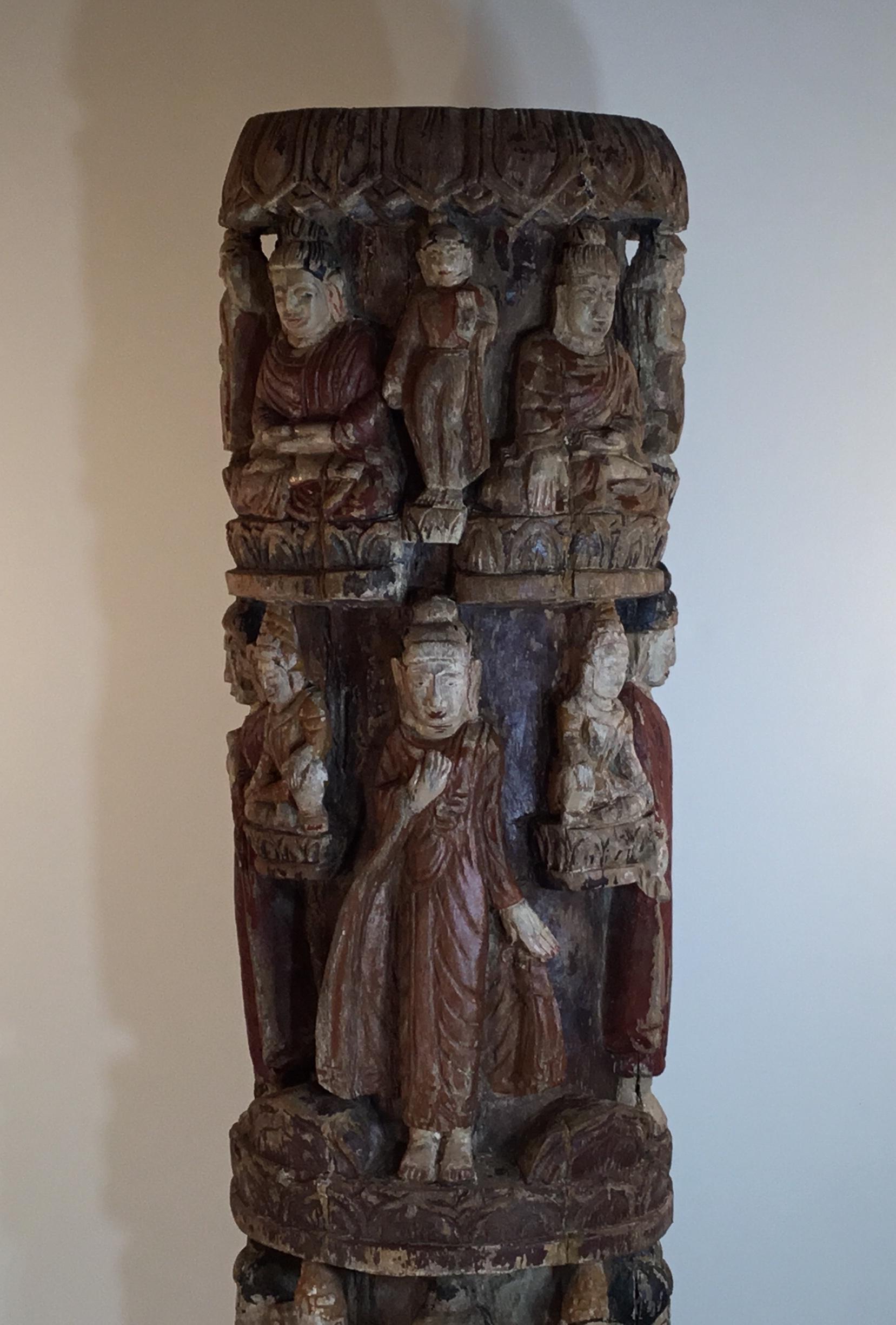 One of a kind statues of Buddha, all hand carved and hand painted on solid wood , some standing and some siting , facial expression of beauty and grace and the sign of the elements and age like wood splitting and paint peeling just add to this