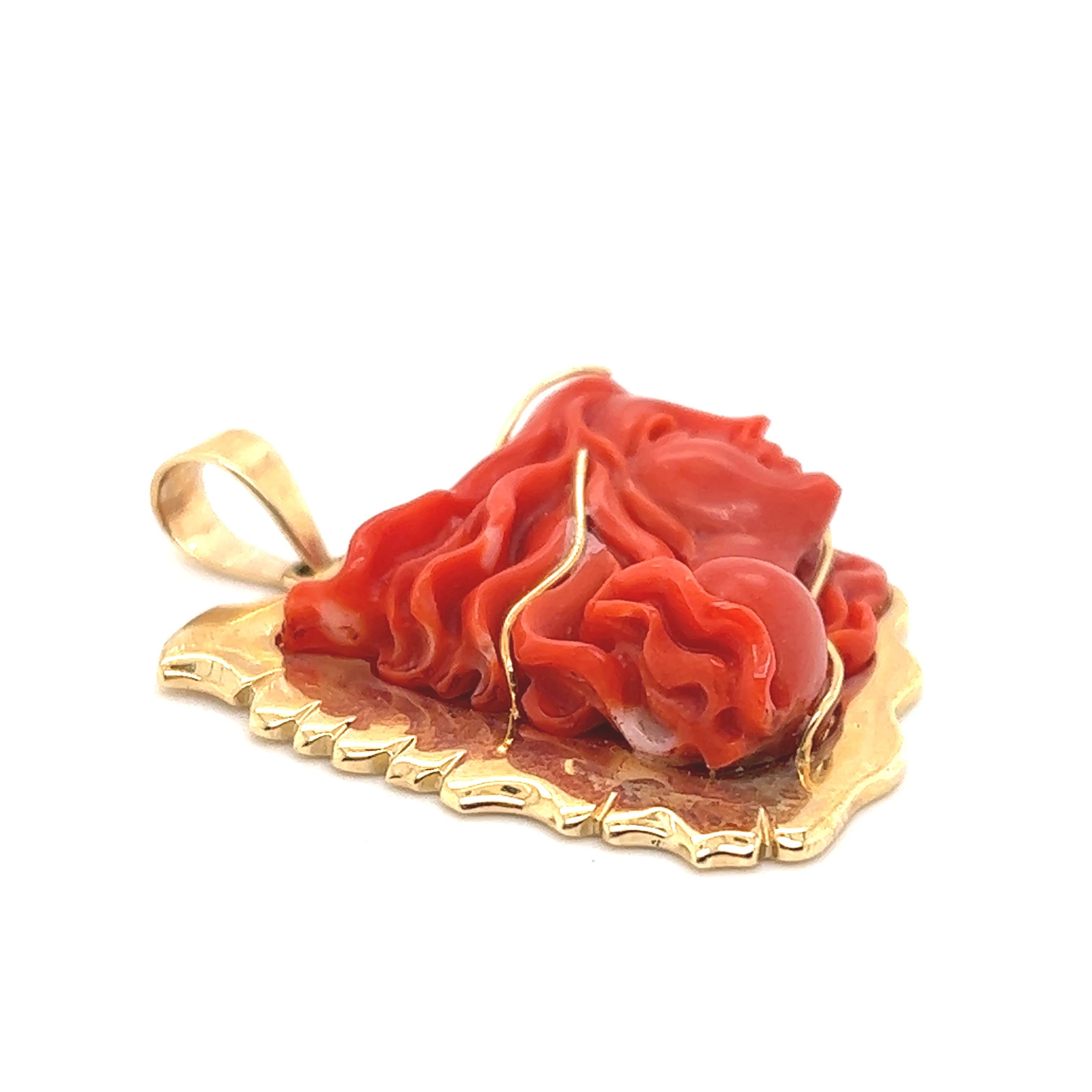 Mixed Cut Vintage Hand Carved Coral Gemstone Pendant Yellow Gold For Sale