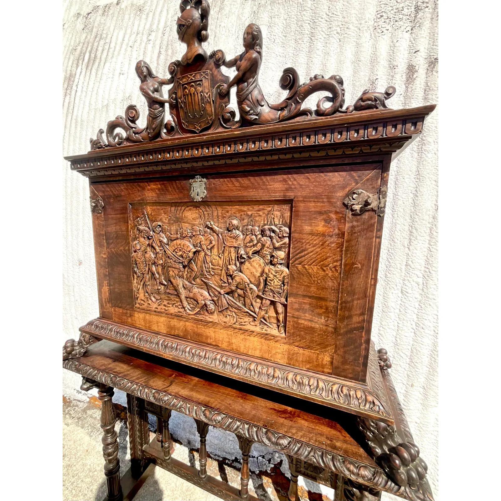 Wood Vintage Hand Carved Desk and Console