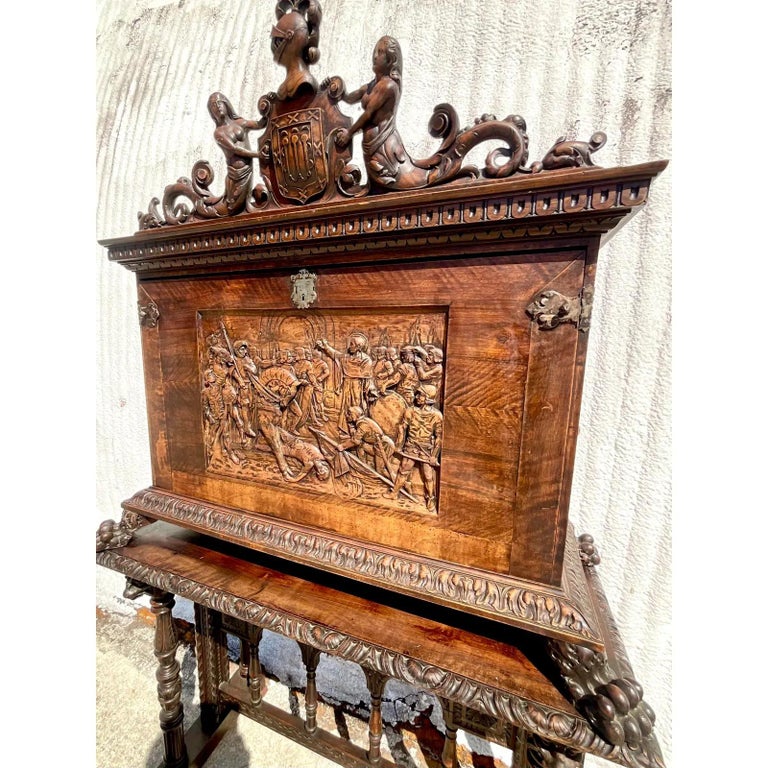 Wood Vintage Hand Carved Desk and Console For Sale
