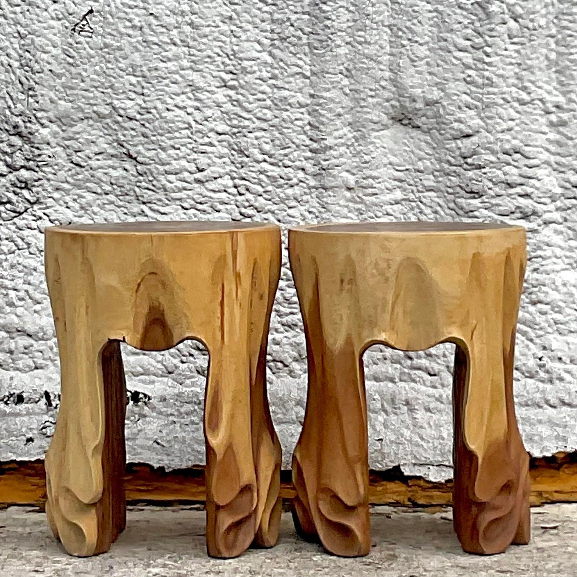 Mid-Century Modern Vintage Hand Carved Draped Low Stools - a Pair For Sale