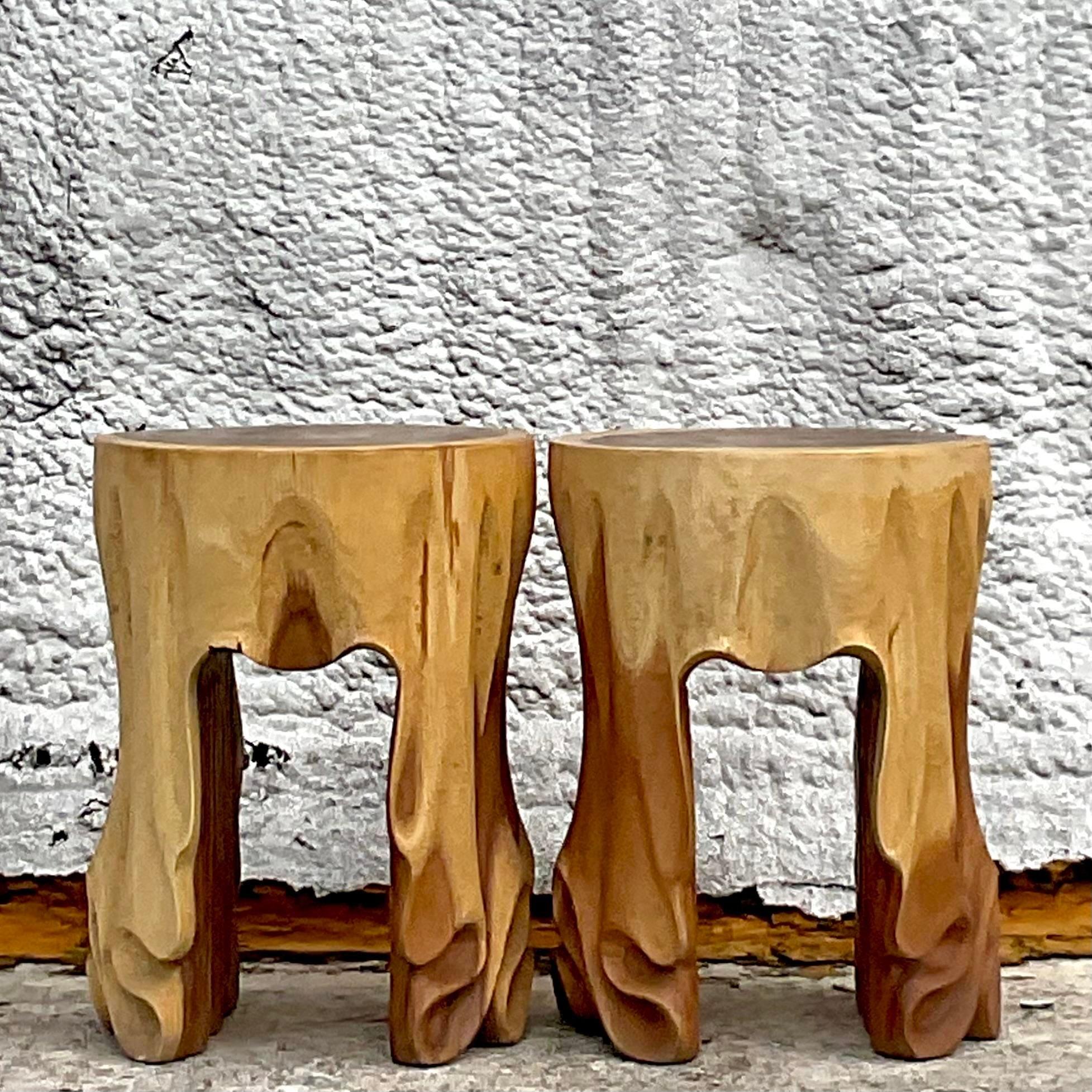 Philippine Vintage Hand Carved Draped Low Stools - a Pair For Sale