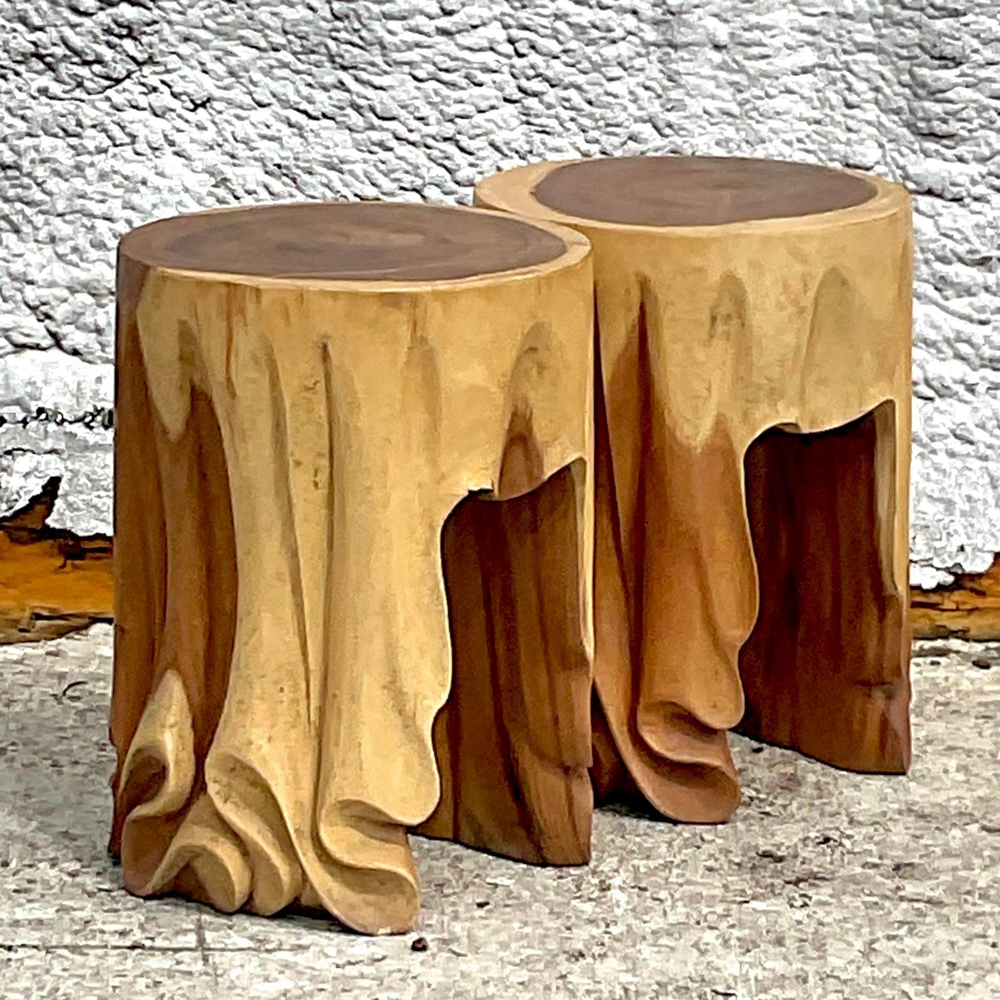 Vintage Hand Carved Draped Low Stools - a Pair In Good Condition For Sale In west palm beach, FL