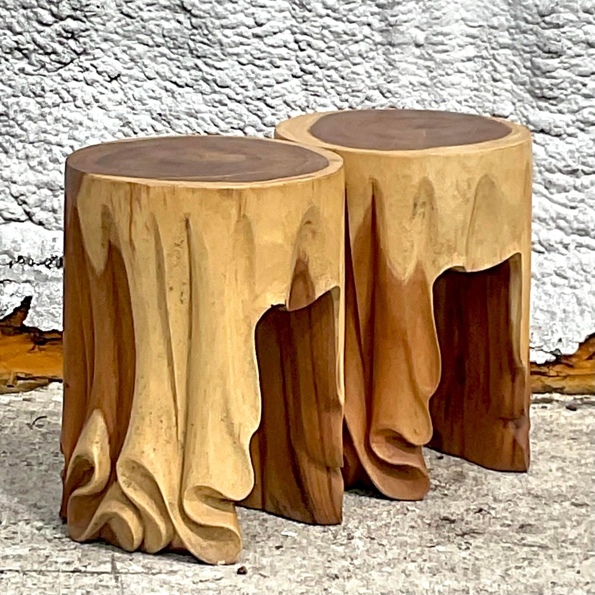 Contemporary Vintage Hand Carved Draped Low Stools - a Pair For Sale