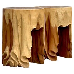 Vintage Hand Carved Draped Low Stools - a Pair