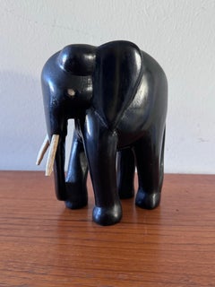 Vintage Hand-Carved Ebonized Wood Elephant Sculpture, Bone Tusks & Eye Inlay
