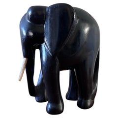 Vintage Hand-Carved Ebonized Wood Elephant Sculpture, Bone Tusks & Eye Inlay