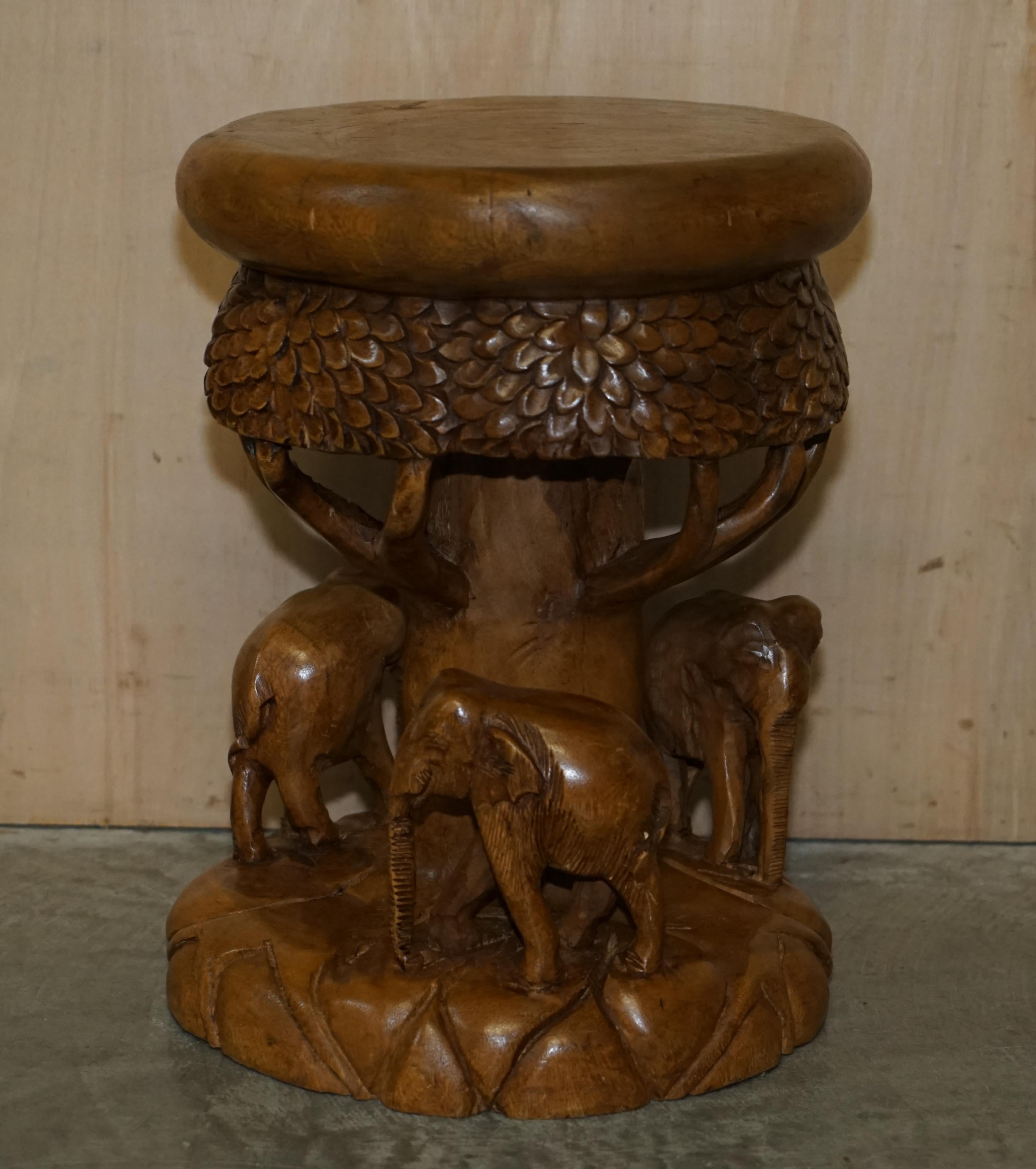 Wood Vintage Hand Carved Elephant Stool with Ornate Decoration All over Must See Pics For Sale