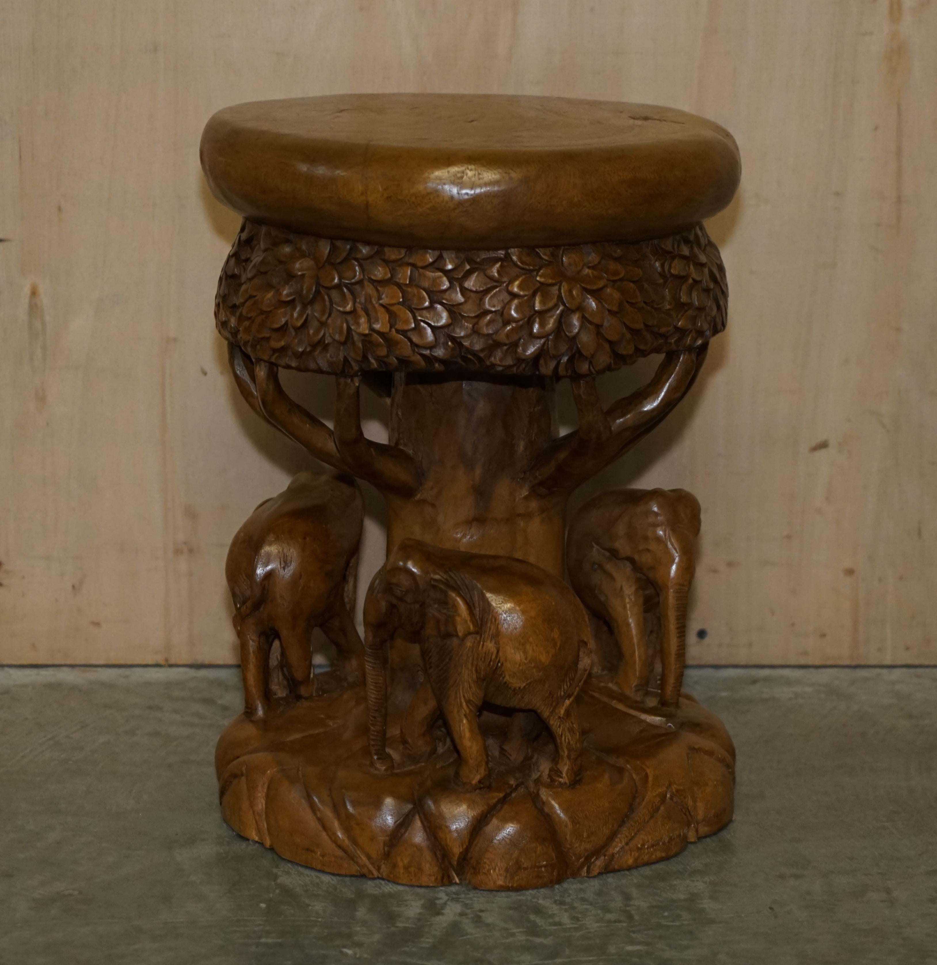 Vintage Hand Carved Elephant Stool with Ornate Decoration All over Must See Pics For Sale 6