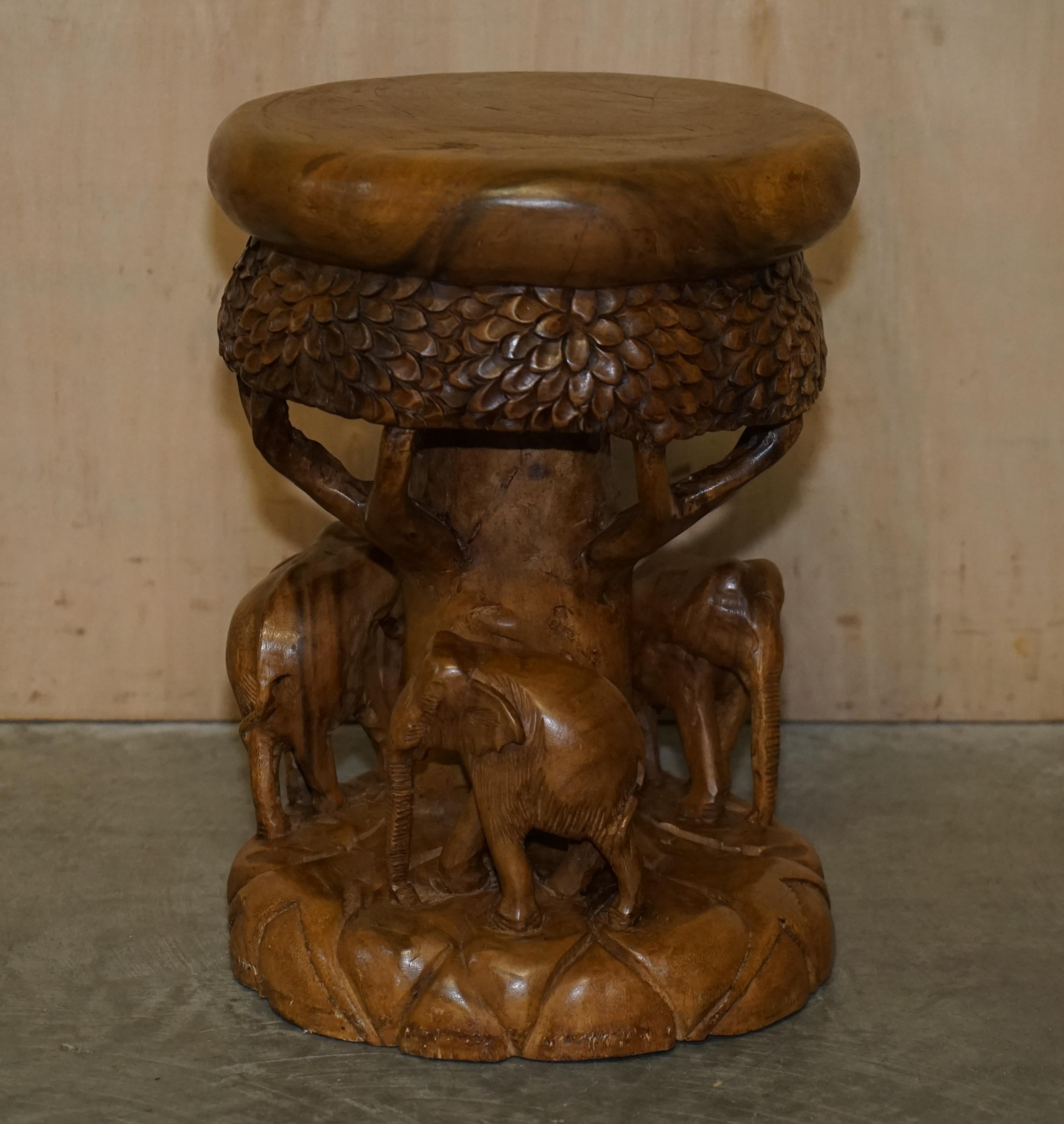Vintage Hand Carved Elephant Stool with Ornate Decoration All over Must See Pics For Sale 7