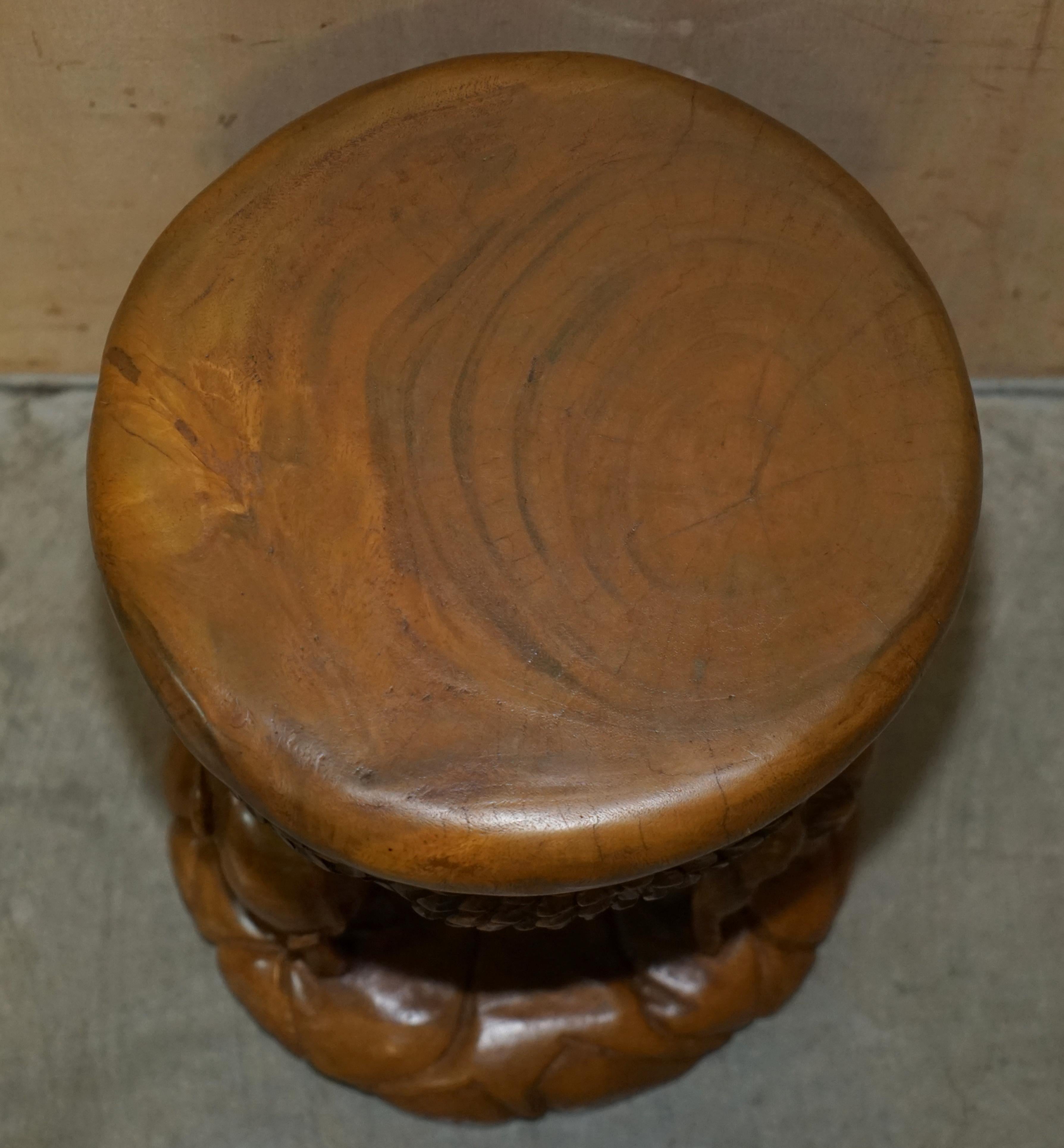 20th Century Vintage Hand Carved Elephant Stool with Ornate Decoration All over Must See Pics For Sale