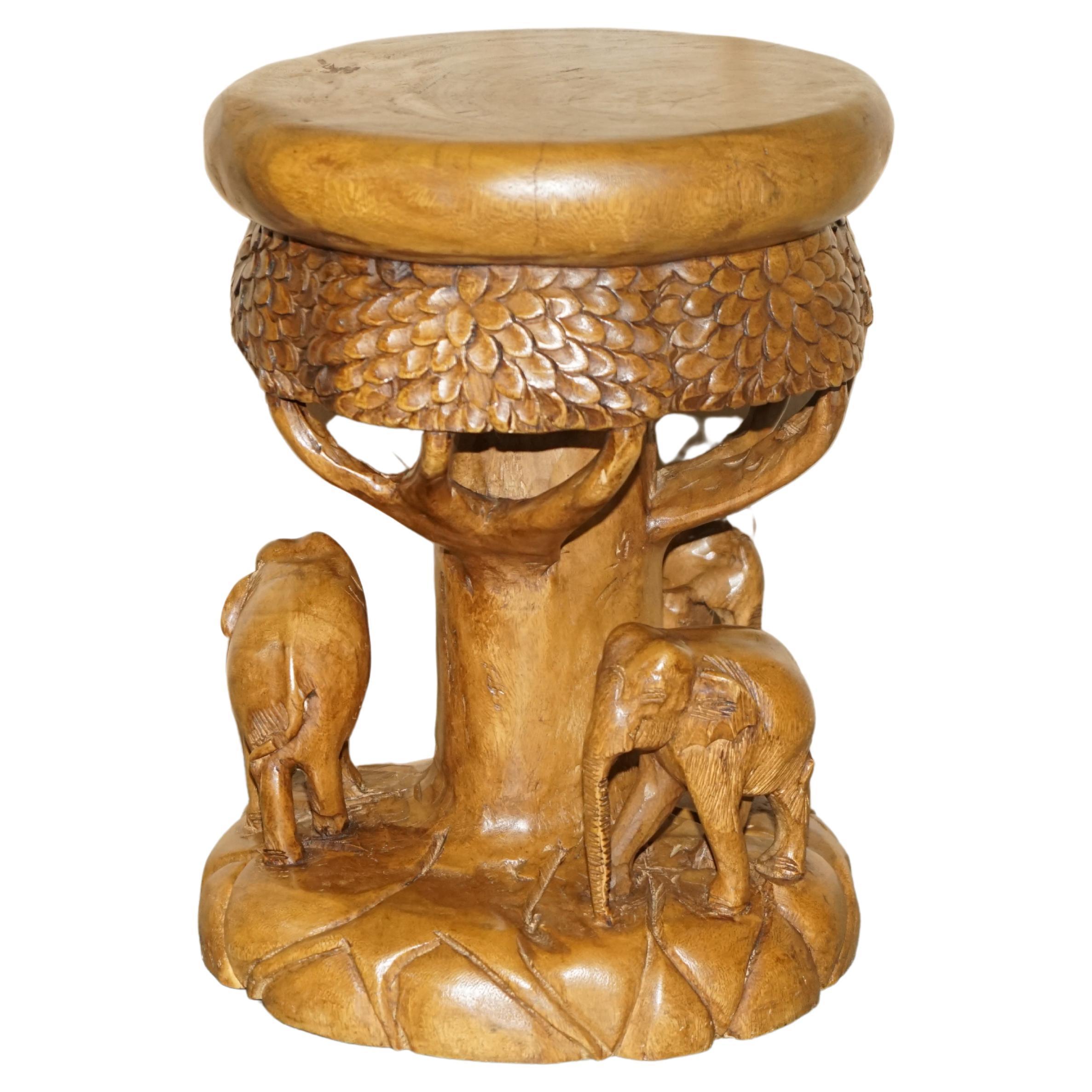 Vintage Hand Carved Elephant Stool with Ornate Decoration All over Must See Pics For Sale