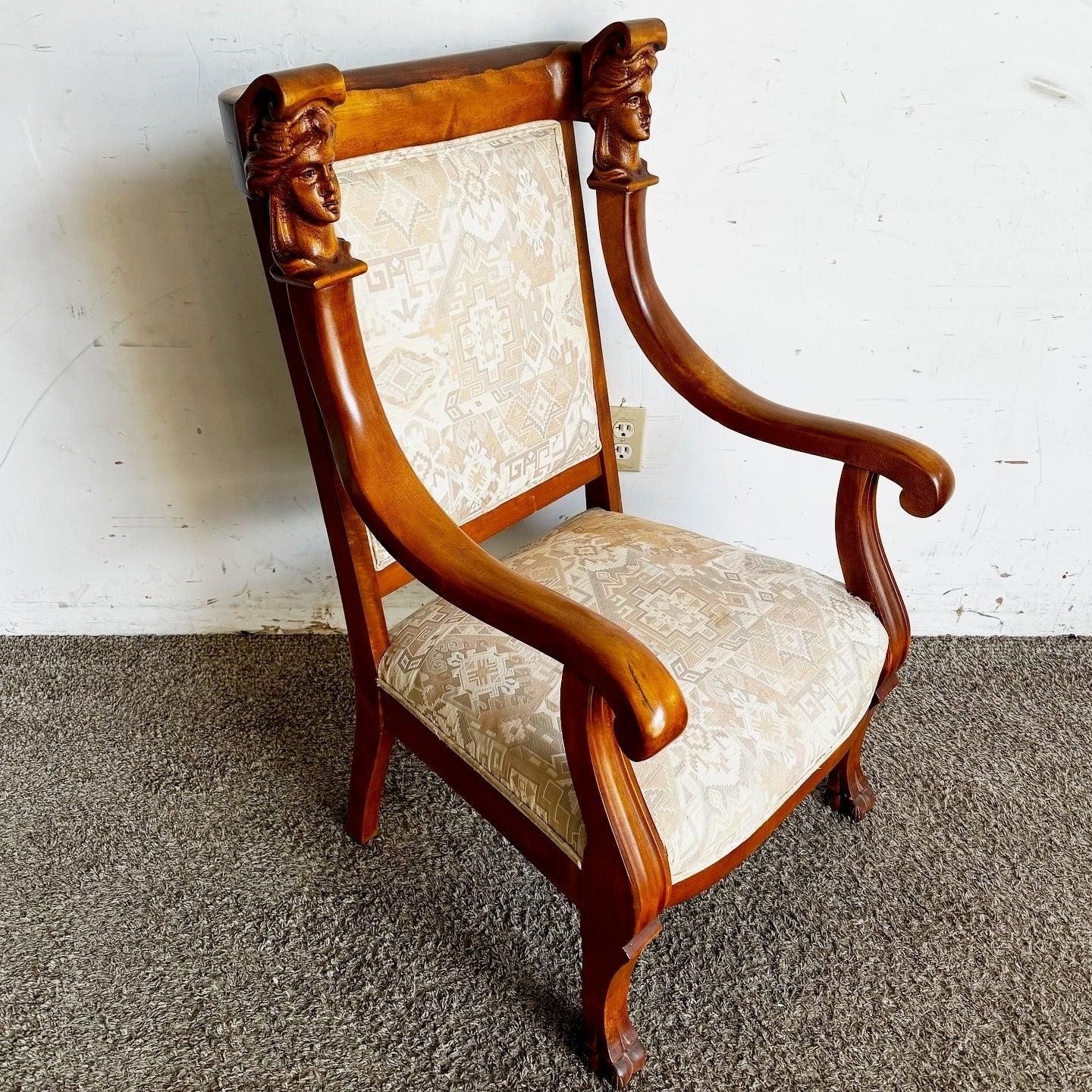 Vintage hand-carved dining chair with face accents and clawfoot legs, featuring warm wood tones and upholstered seat for timeless charm.
 
 Fabric has stains as shown in the photos.
 
 We sell items as acquired, without restoring or repairing.
