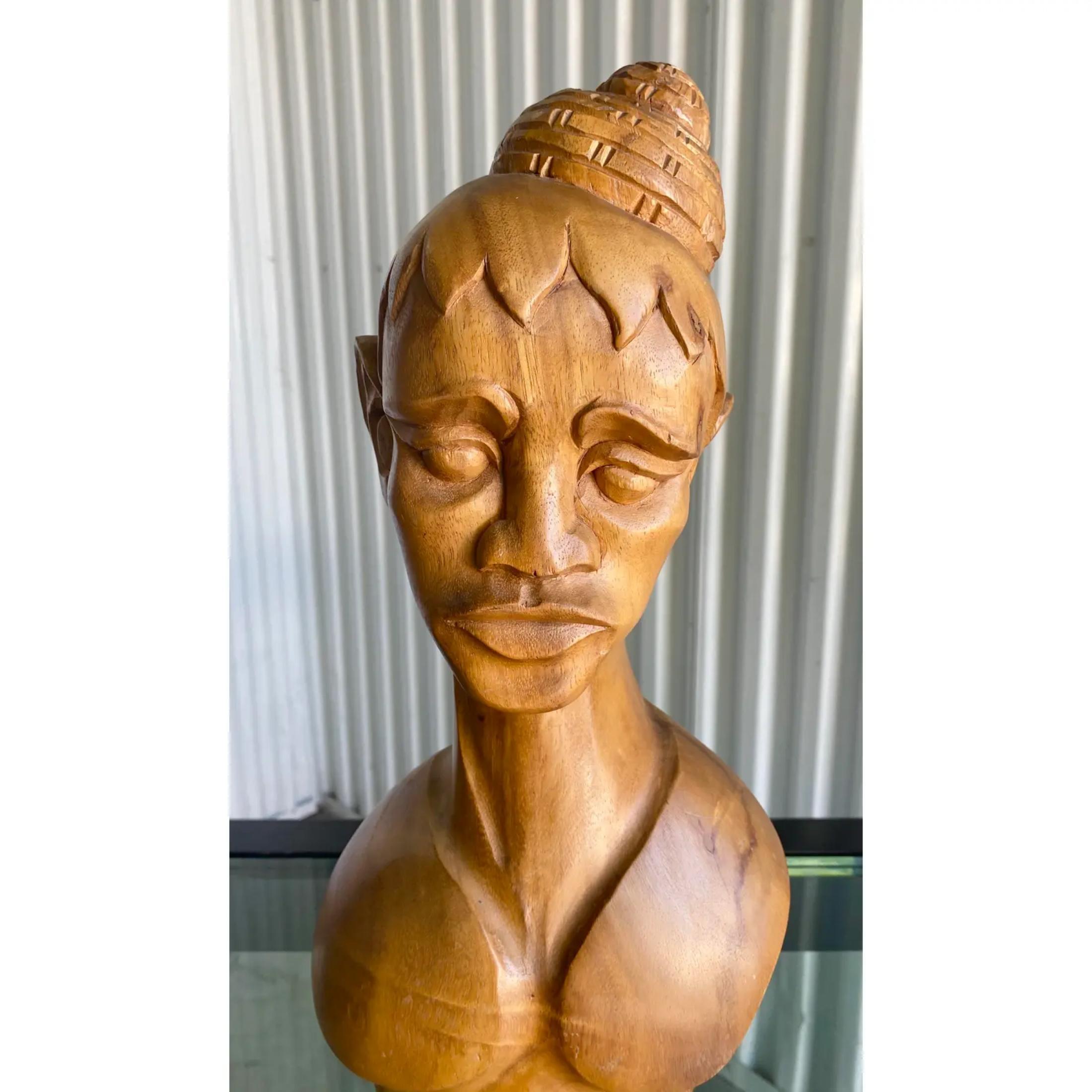 Wood Vintage Hand Carved Female Bust For Sale