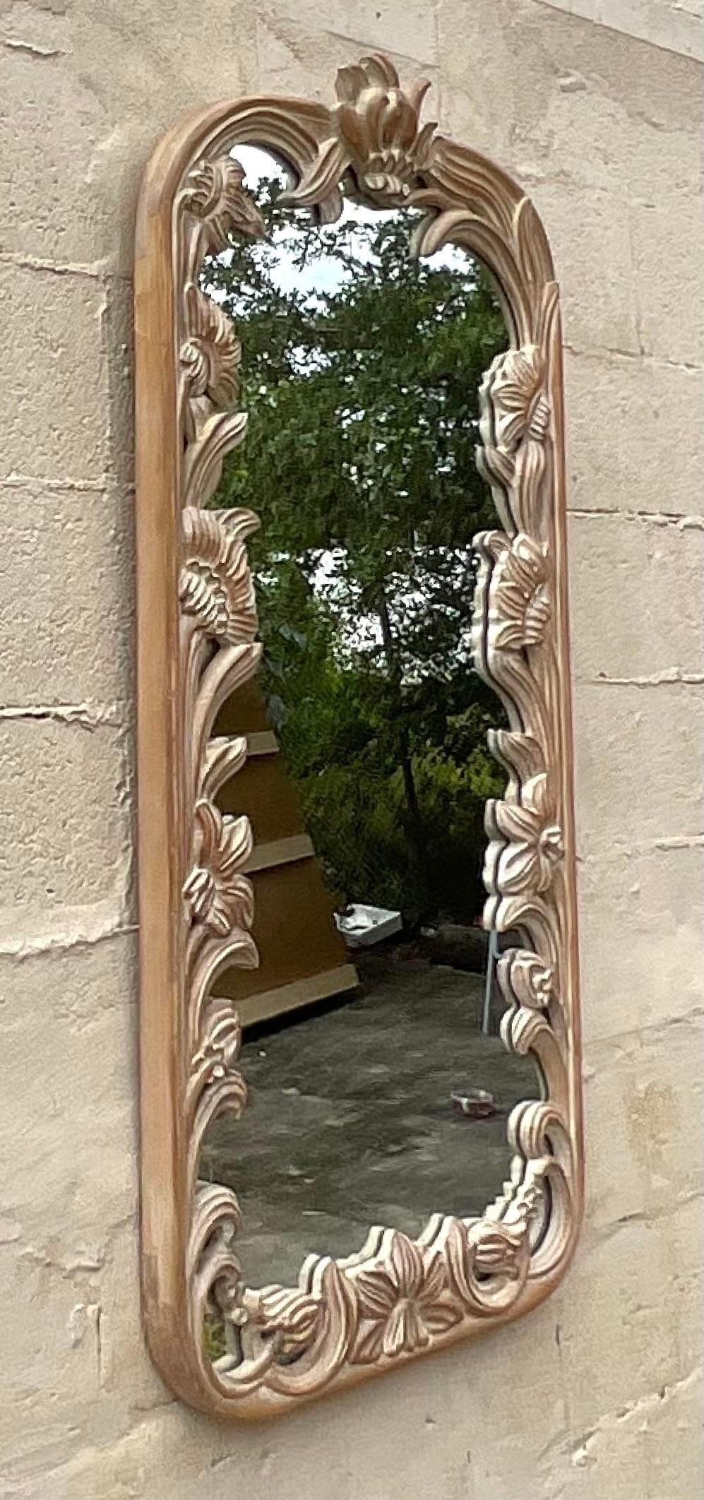 Vintage Hand-Carved Floral Wooden Mirror For Sale 1