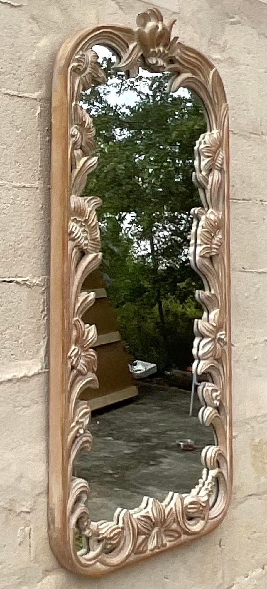 Vintage Hand-Carved Floral Wooden Mirror For Sale 2