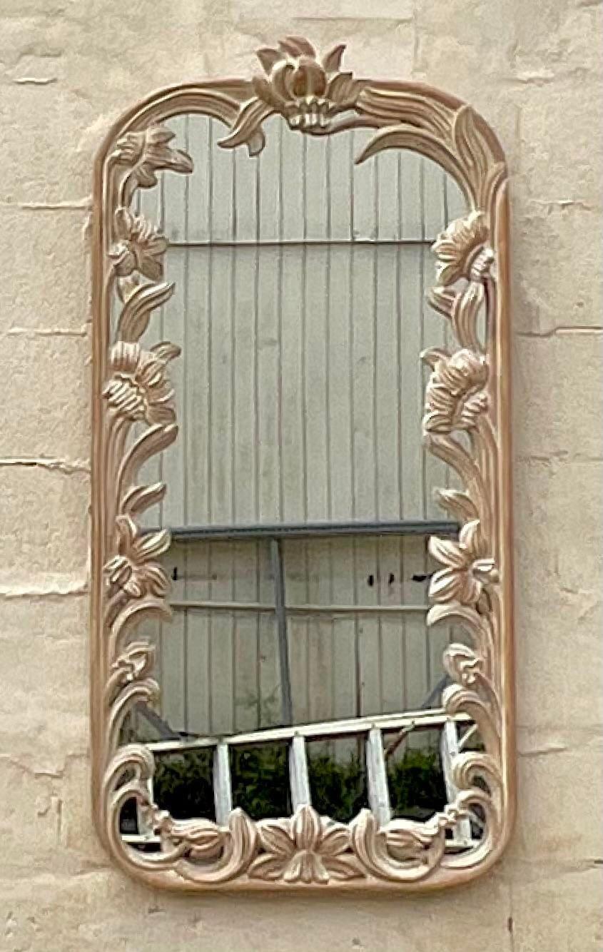 Vintage Hand-Carved Floral Wooden Mirror For Sale 3