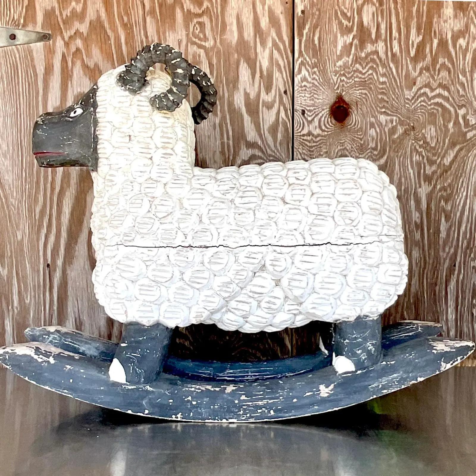 Vintage Hand Carved Folk Art Rocking Sheep In Good Condition In West Palm Beach, FL