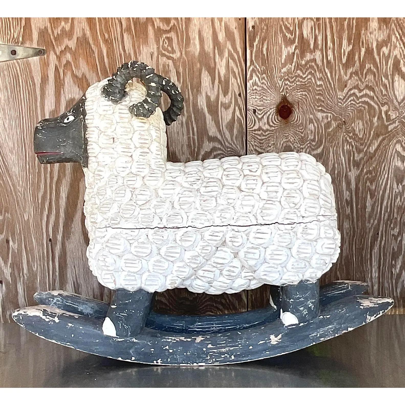 20th Century Vintage Hand Carved Folk Art Rocking Sheep