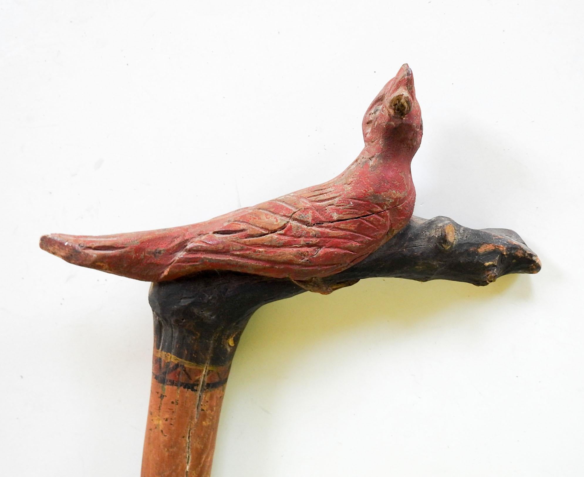 American Vintage Hand Carved Folk Art Walking Cane with Red Bird For Sale
