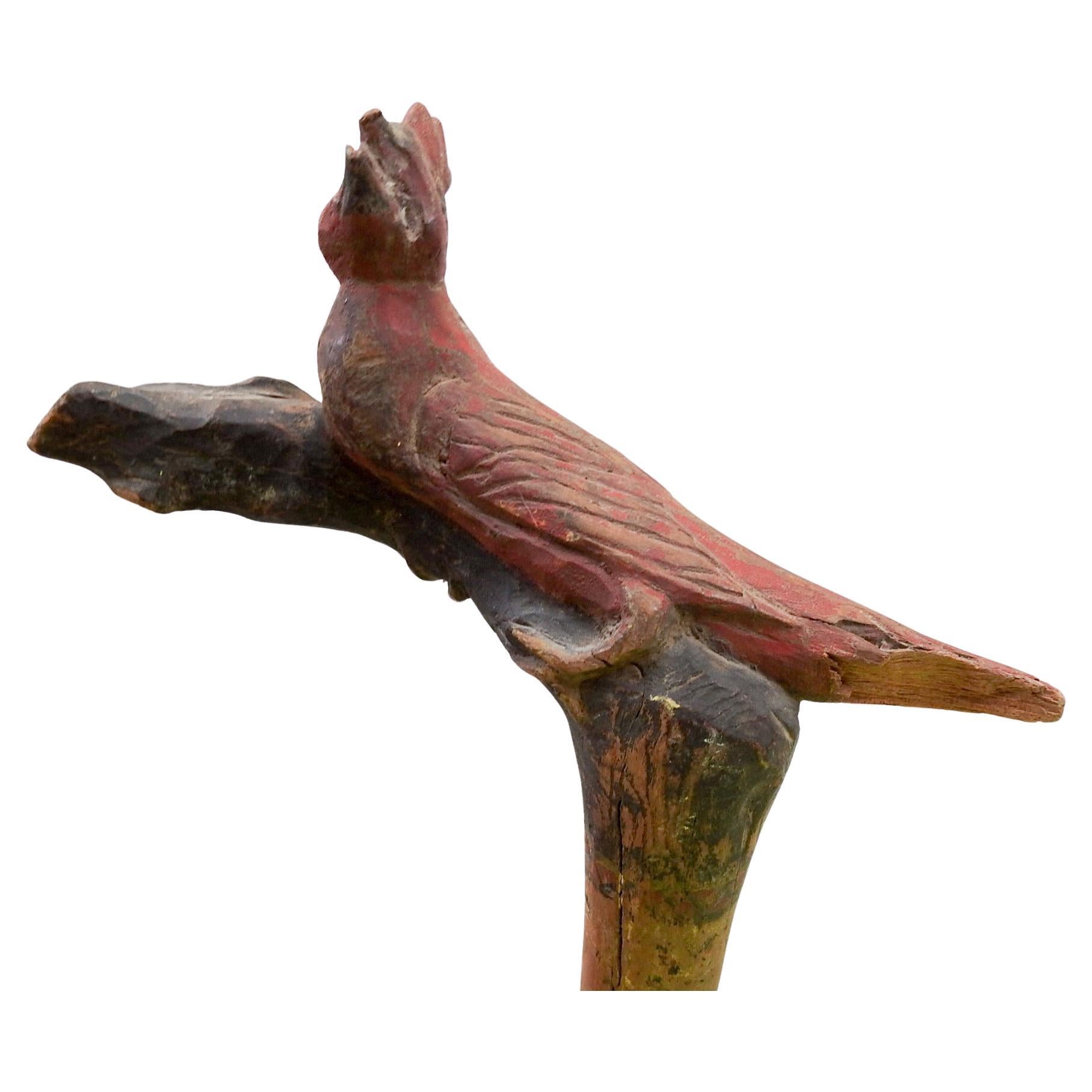 Vintage Hand Carved Folk Art Walking Cane with Red Bird For Sale