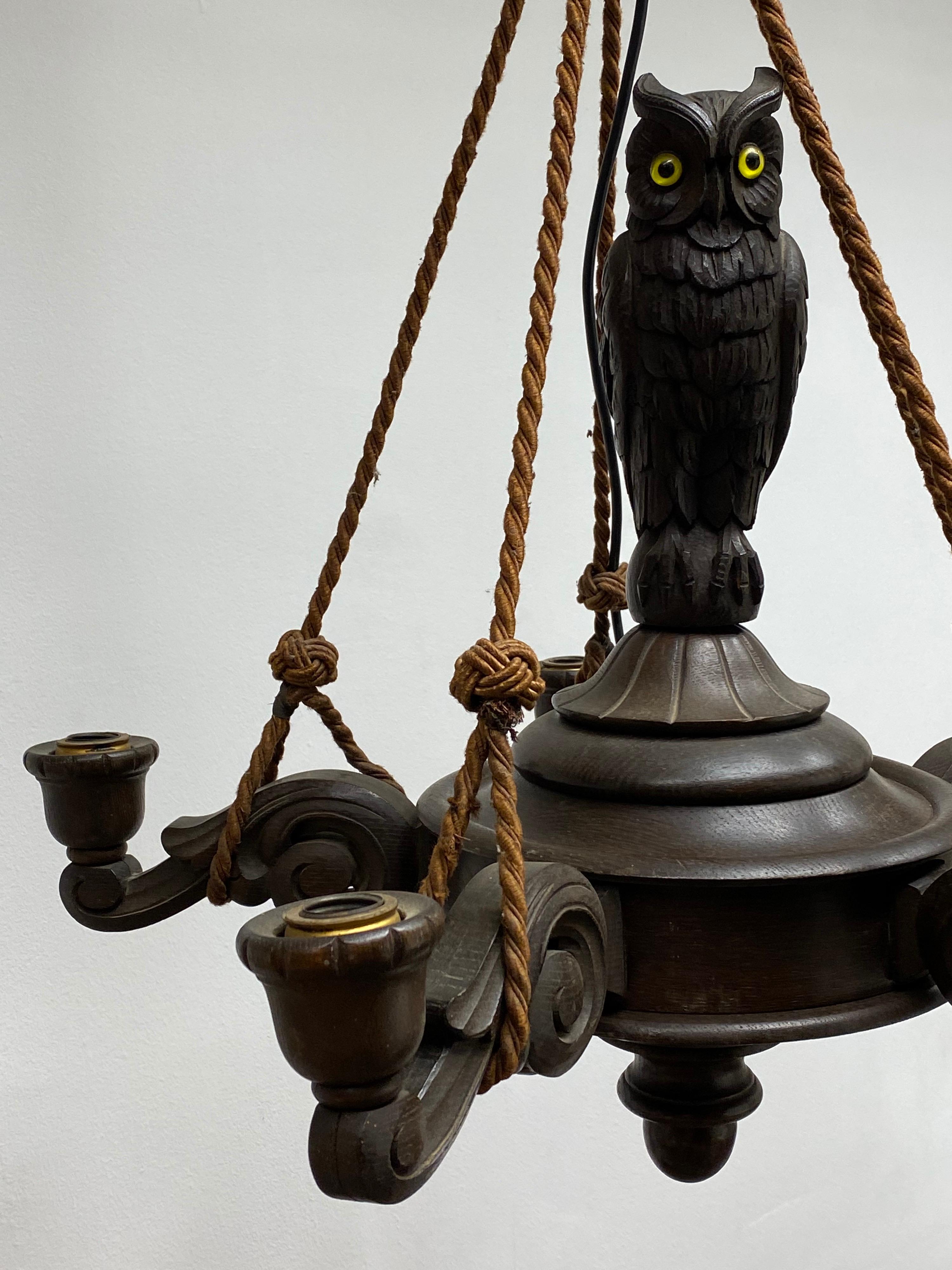 Vintage Hand Carved German Black Forest Chandelier with an Owl Sculpture, 1930s 8