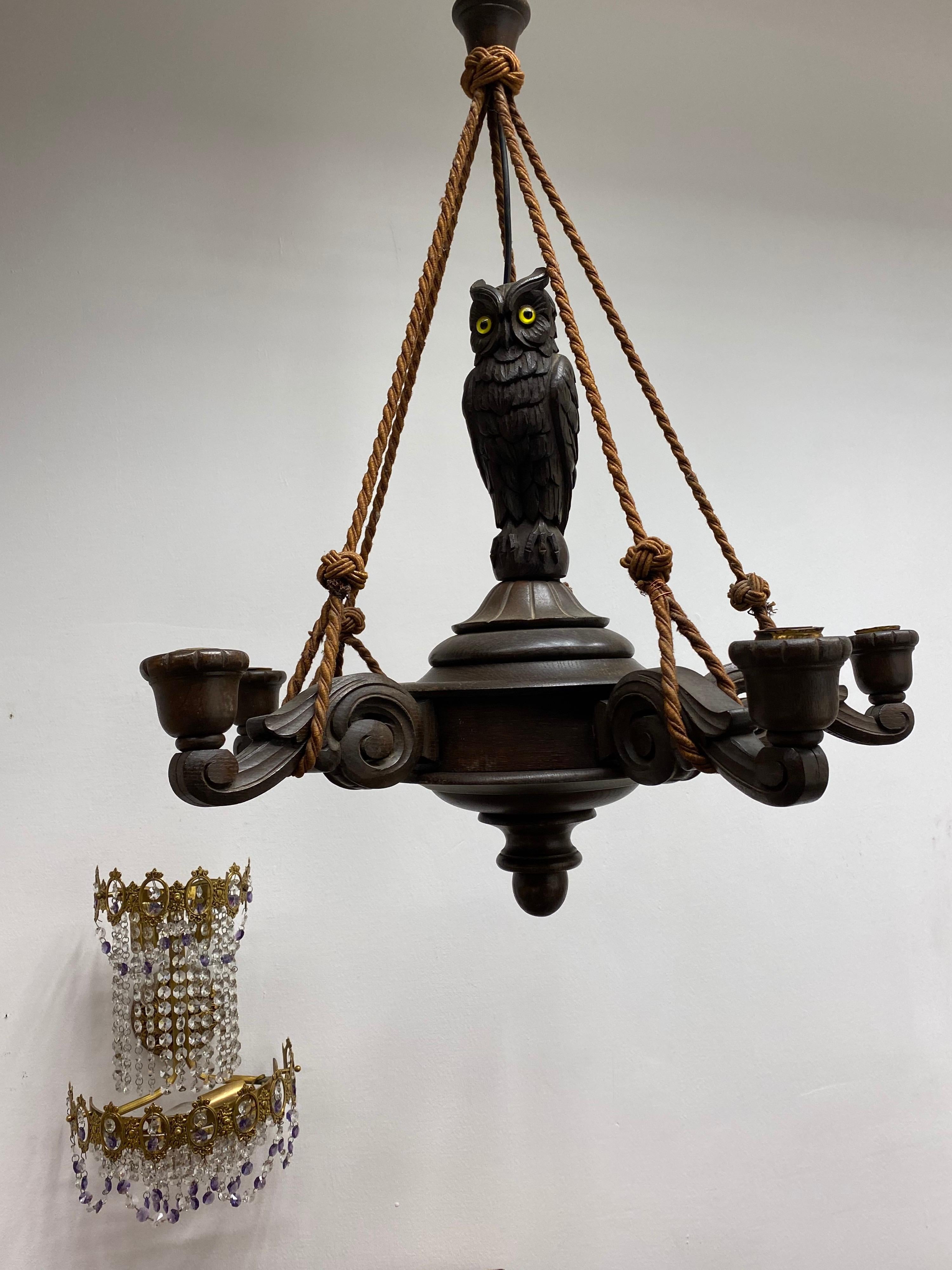 Metal Vintage Hand Carved German Black Forest Chandelier with an Owl Sculpture, 1930s