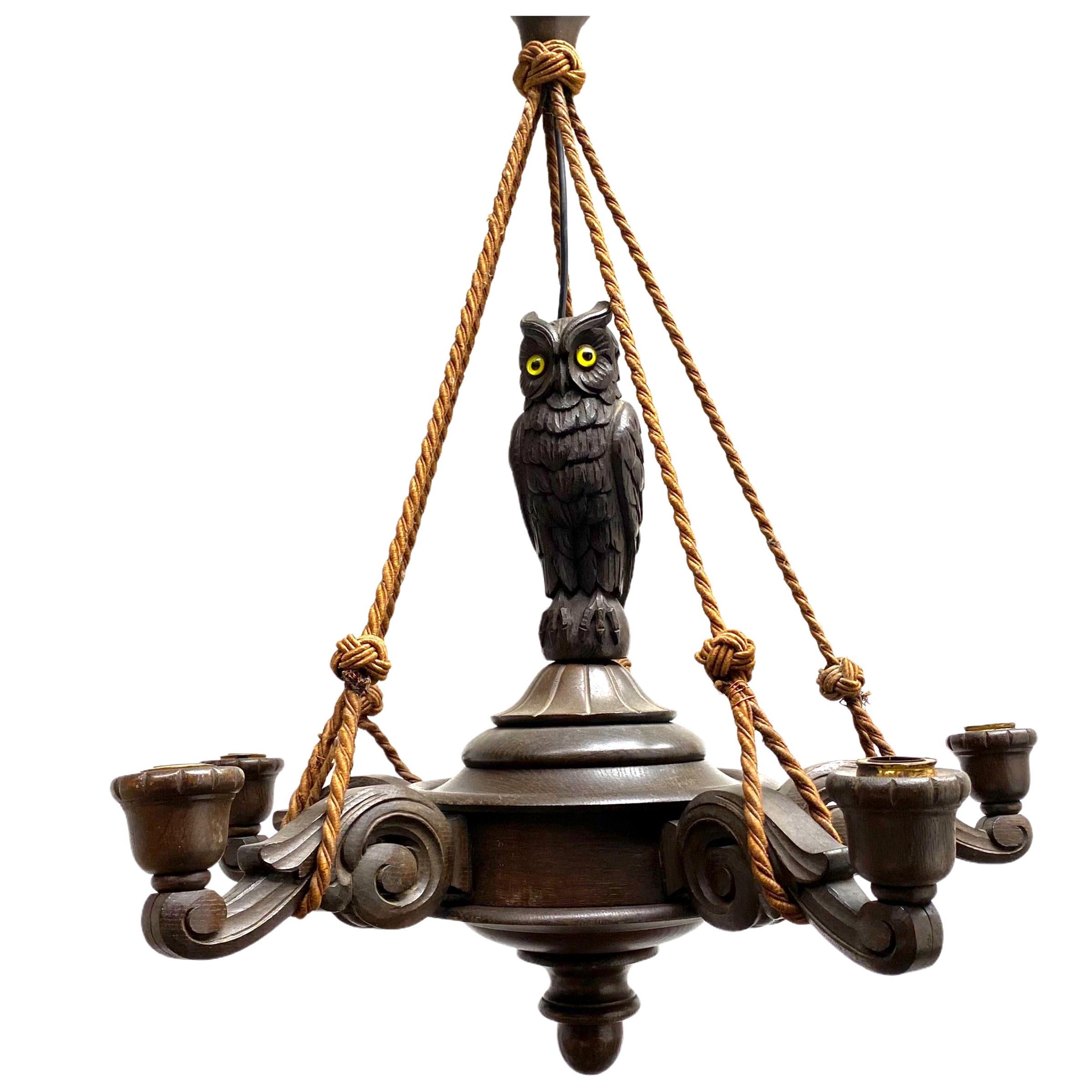 Vintage Hand Carved German Black Forest Chandelier with an Owl Sculpture, 1930s