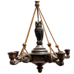 Vintage Hand Carved German Black Forest Chandelier with an Owl Sculpture, 1930s