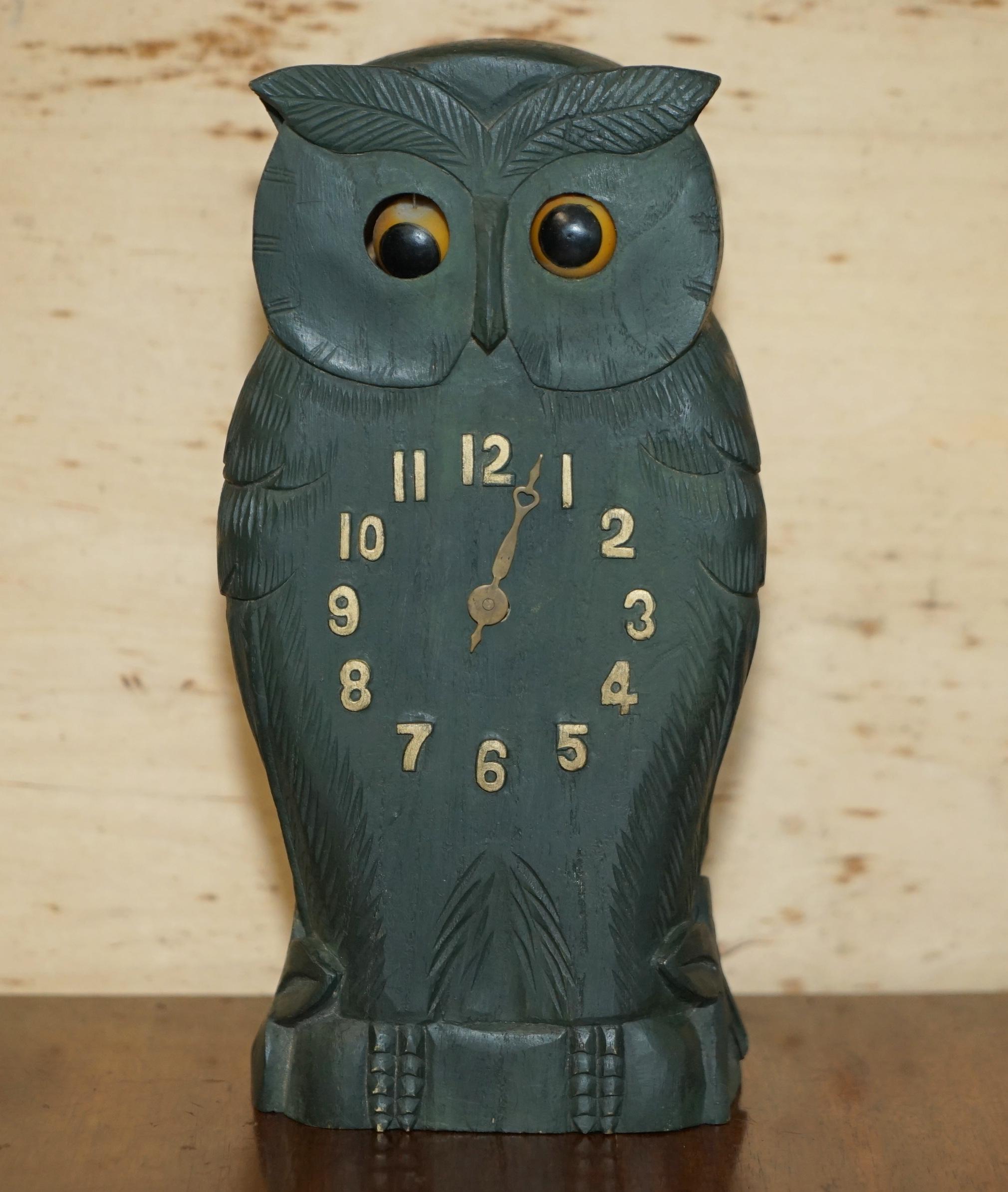 We are delighted to offer for sale this lovely original circa 1920's hand carved Owl mantle clock with moving eyes 

A very decorative and well made piece, circa 1920-1940 made in Germany

The condition is period and unrestored, it has the