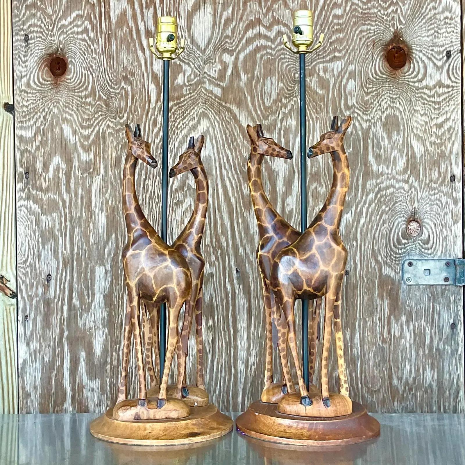 North American Vintage Hand Carved Giraffe Table Lamps, a Pair